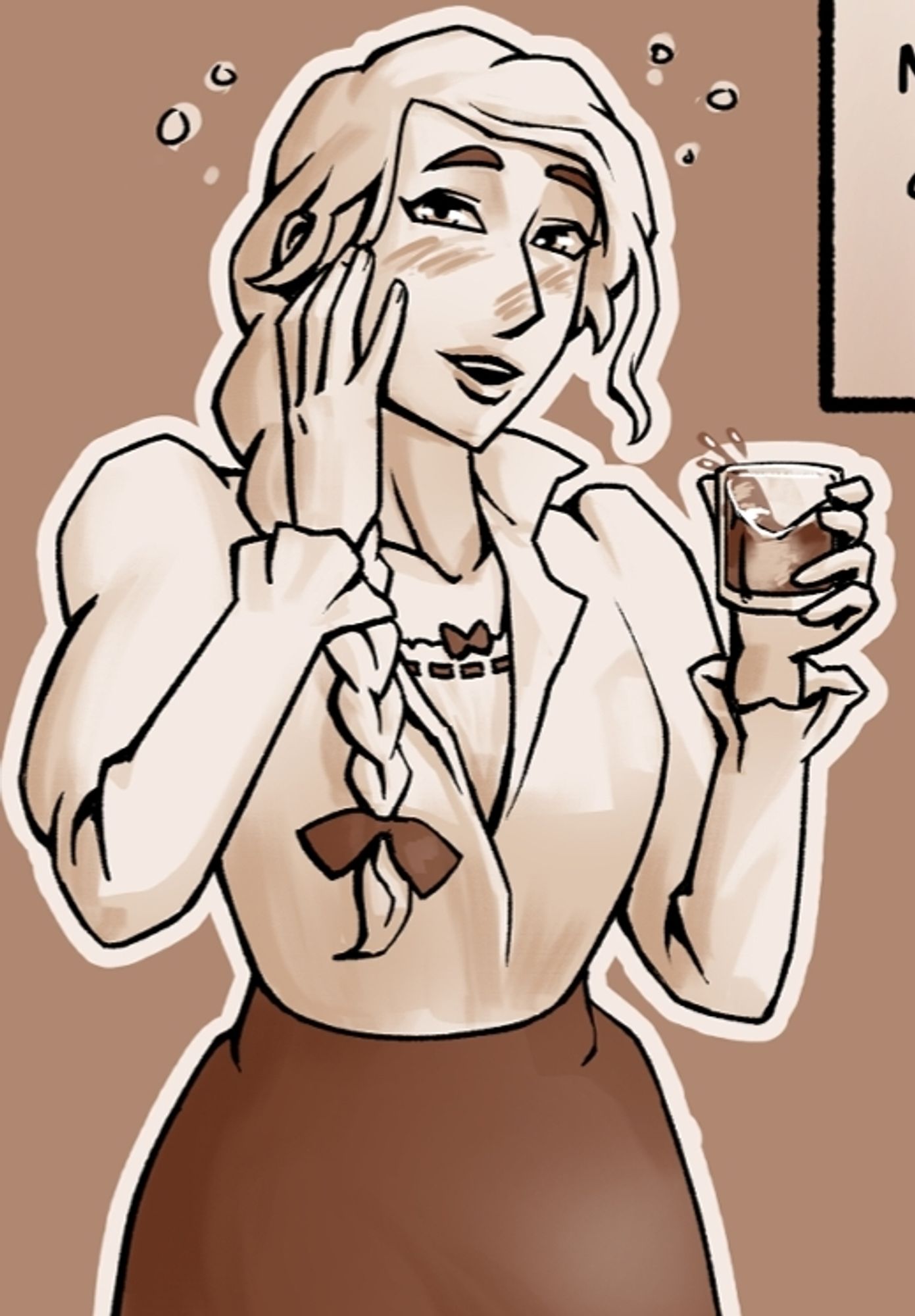 A digital drawing of a young woman with a blonde braid, holding a sloshing cup of some kind of alcohol. Her blouse is in disarray and her face is flushed.