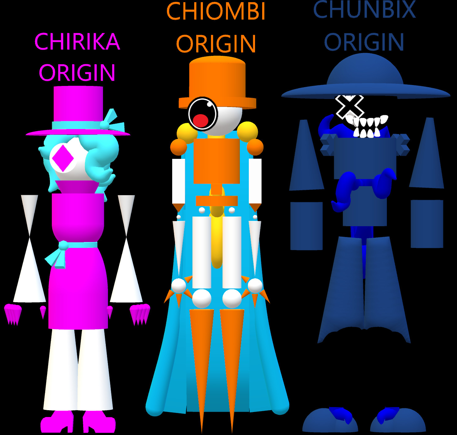 These are my main ocs!

Chirika is trans MTF
Chiombi can fly
Chunbix is a hypercarnivore
Chiombi and Chunbix are partners 

Also a friend helped a lot with the designs.