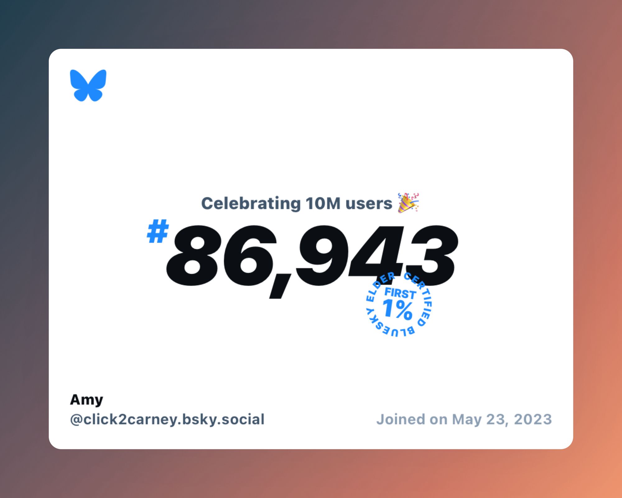 A virtual certificate with text "Celebrating 10M users on Bluesky, #86,943, Amy ‪@click2carney.bsky.social‬, joined on May 23, 2023"