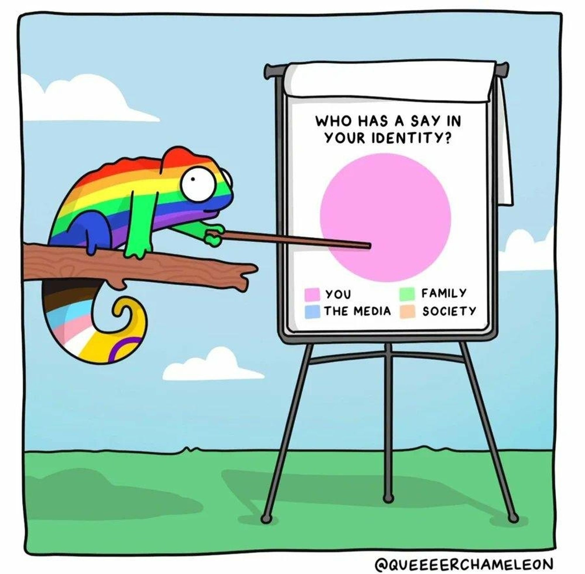 #Identity #Neurodivergent #Neurodiversity #Autistic #LGBTQIA #Everyone!

Slide shows a rainbow striped chameleon pointing at a flip chart. On it is a pie chart. 

The title is, 'Who has a say in your identity'. 

There are four categories, one is pink and labelled 'you', the next one is blue and labeled 'the media', the next one is green and labeled 'family', the last one is orange and labeled 'society'.

The pie chart is completely pink 🩷

Credit to: @QueeerChameleon