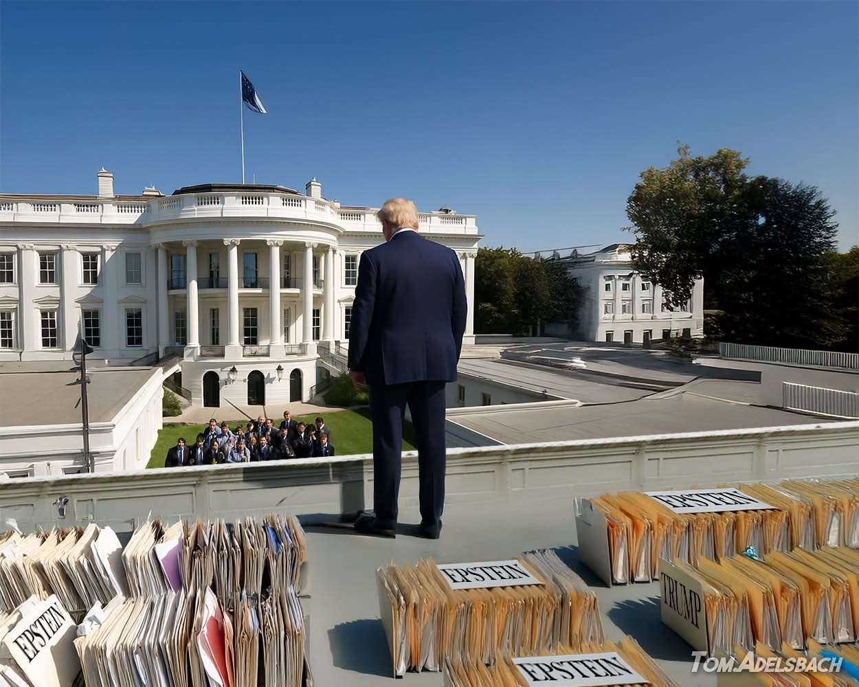 45 stands on a rooftop overlooking the White House, with numerous file folders labeled Epstein spread out in front of him. In the distance, a group of people is gathered outside the White House entrance.

