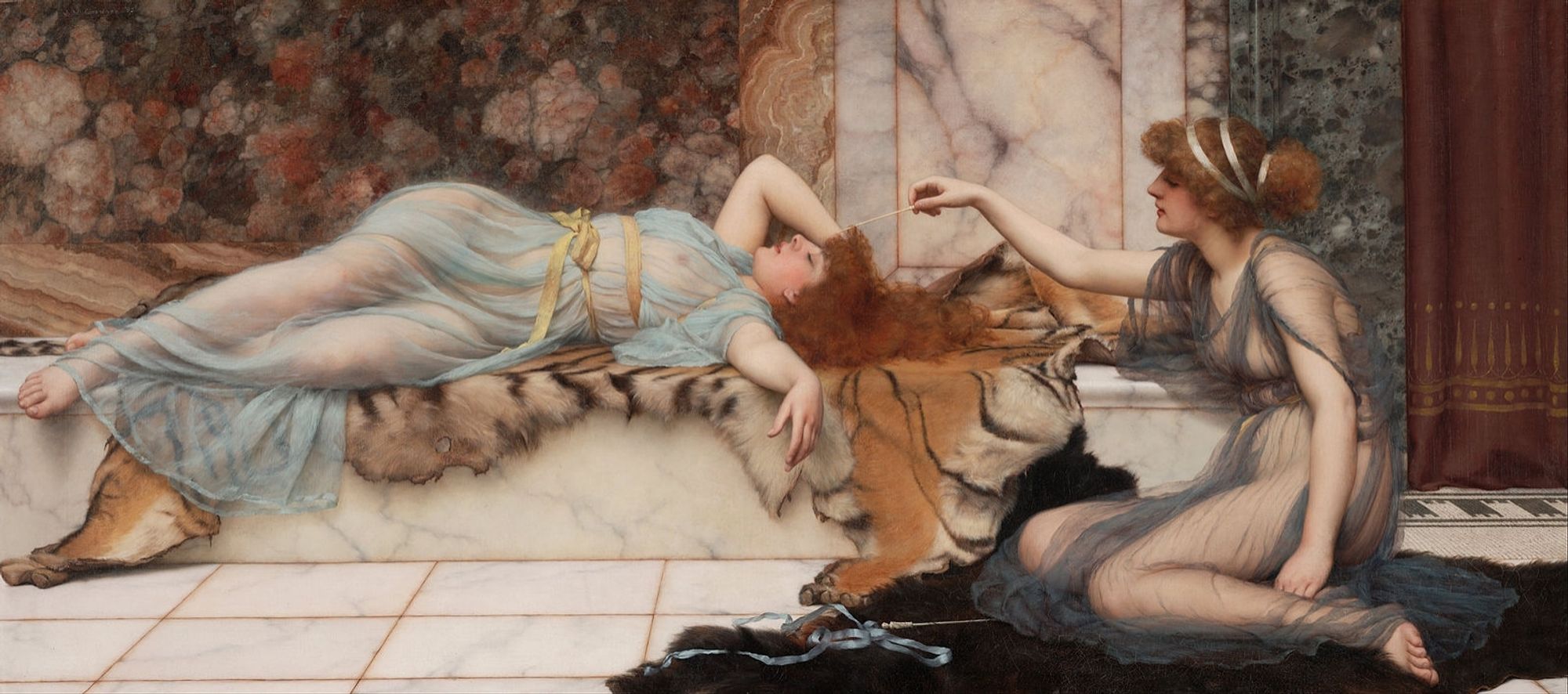 John William Godward: Mischief and Repose. Neoclassicism painting representing A classical painting of two figures in a luxurious interior. One reclines on a tiger skin, wearing a blue garment, while the other, seated in a brownish dress, interacts with them. A small harp lies on the floor beside them.