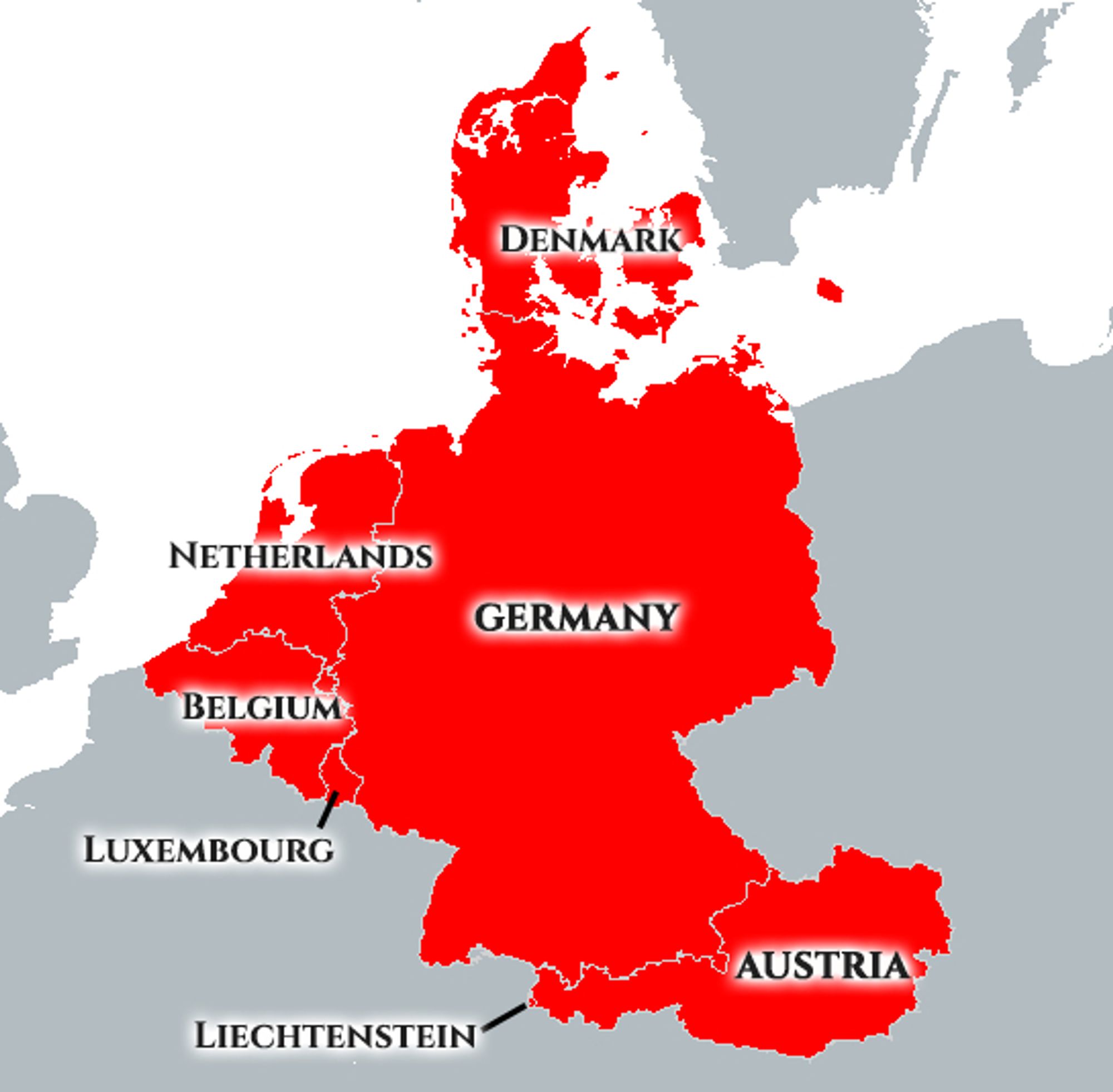 A map of Europe on which Denmark, Germany, the Netherlands, Belgium, Luxembourg, Austria, and Liechtenstein are marked in red.