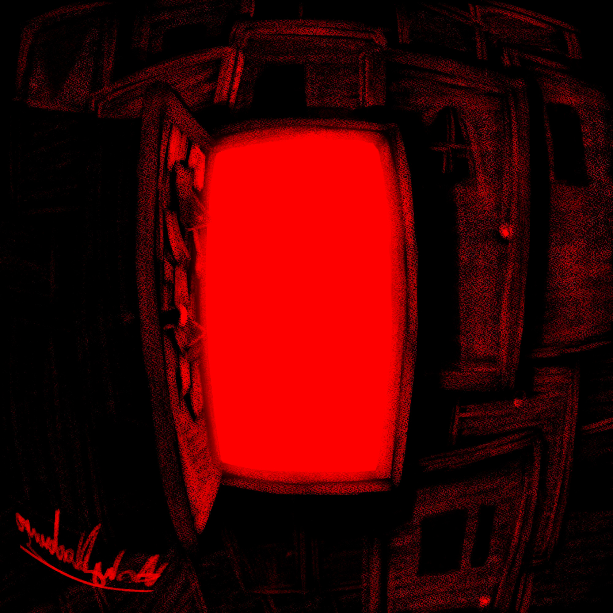 À painting of a red menacing door on the roof of the devils lair, Hell