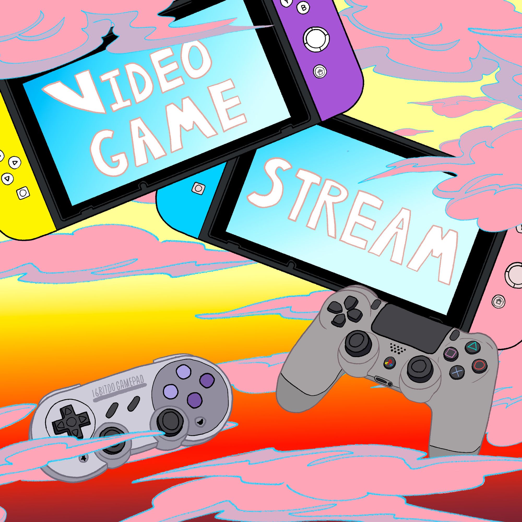 A stream alert image indicating a videogame stream. There is an image of two Nintendo Switches, a PS4 controller, and a SNES styled Nintendo Switch controller.