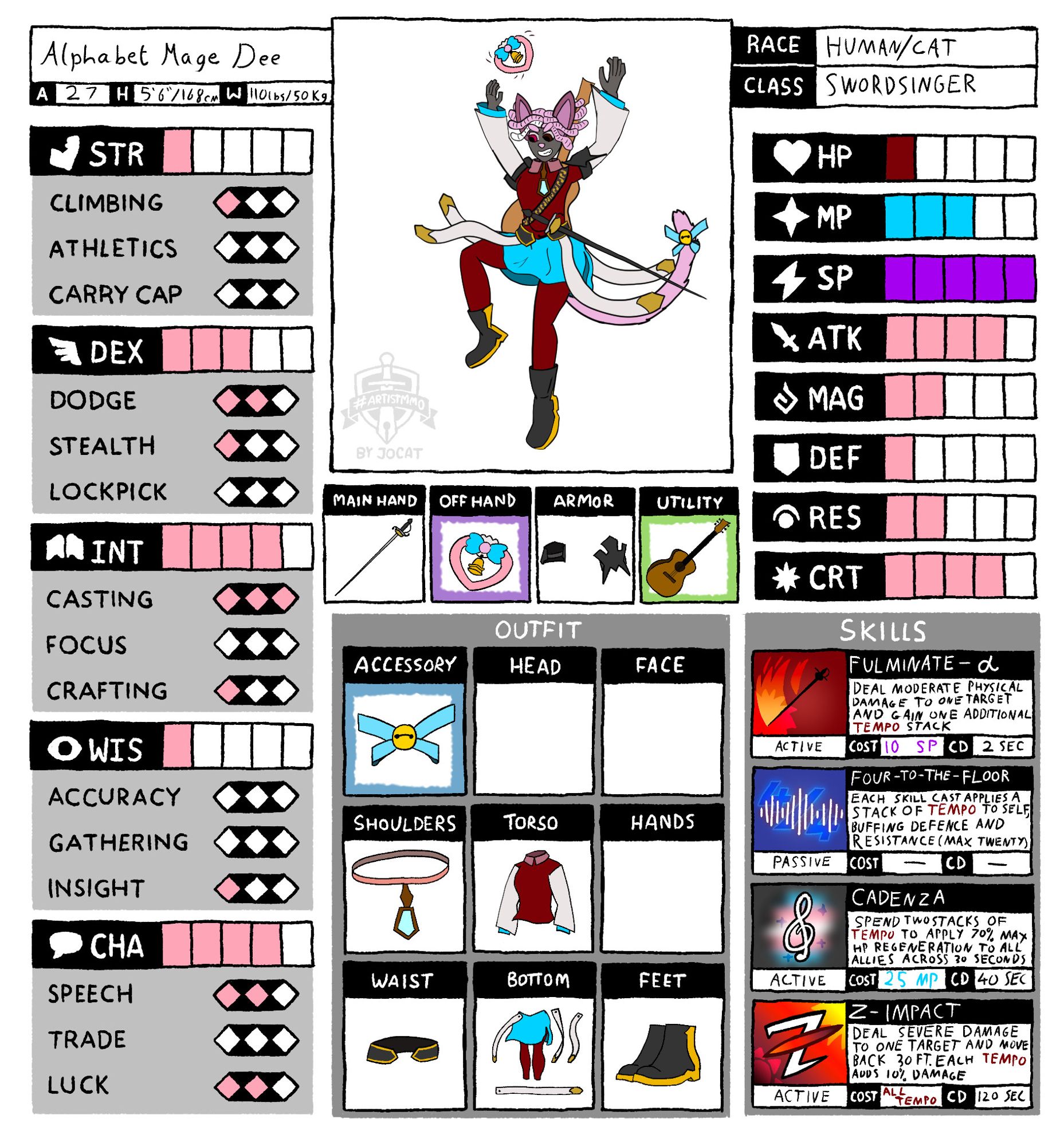 A character sheet for a very Red Mage inspired Bard-adjacent character that's loosely my avatar combined with my FF 14 character. Her general stats lean into high offence and pathetic health and defence, with a playstyle focused around building stacks of power and staying alive via health regen before unleashing it in a hyper-ultra-deadly attack. Building all stacks of this "Tempo" resource increases her finishing attack up to three times its regular damage.