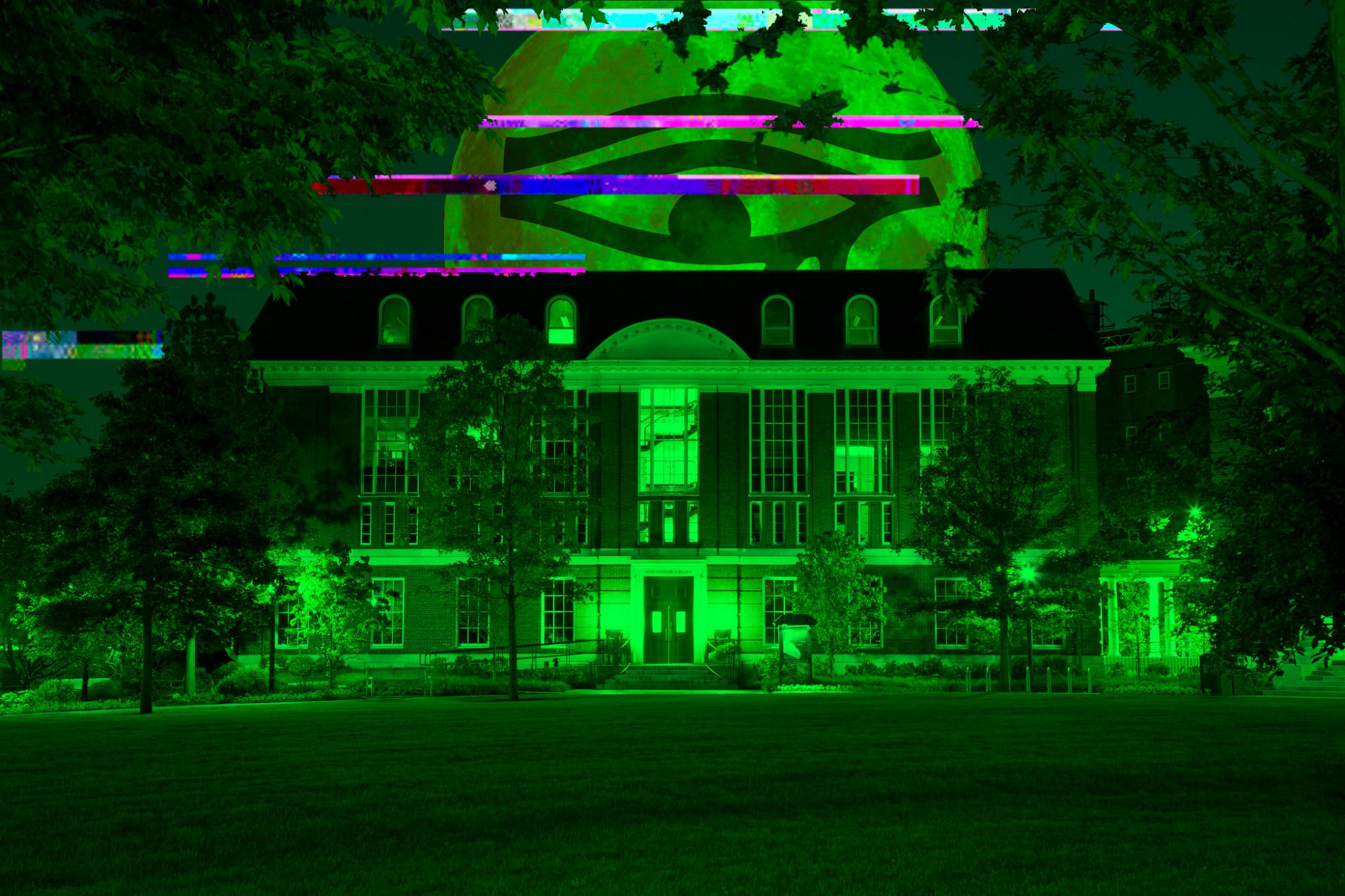 An edit of a photograph of the Schlesinger library. The whole photo has been dyed in a sickly green filter, and the full moon is visible and unusually large behind the library building. The eye of Ra is slightly transparent against it, looking down at the library instead of straight forward. The digital glitch effect is also present against the night sky, only blocked by the building itself.