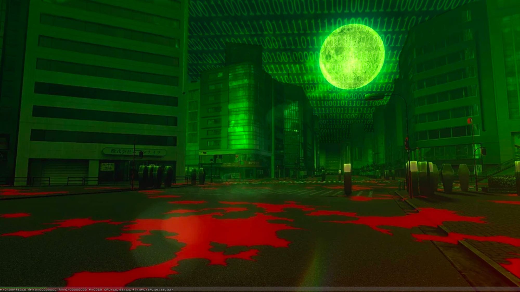 A photo edit of Tatsumi Port Island from Persona 3. The scene is a city street covered in blood with coffins stood upright on the sidewalk and on zebra crossings. Just like the others, everything is dyed in a sickly green overlay, and the full moon is visible and ominous in the sky behind the clouds, though both of these were not my doing, and are part of the original image as per Persona 3's aesthetic. I have added binary code that is visible in the sky, streaking far back into the shadows in the distance.