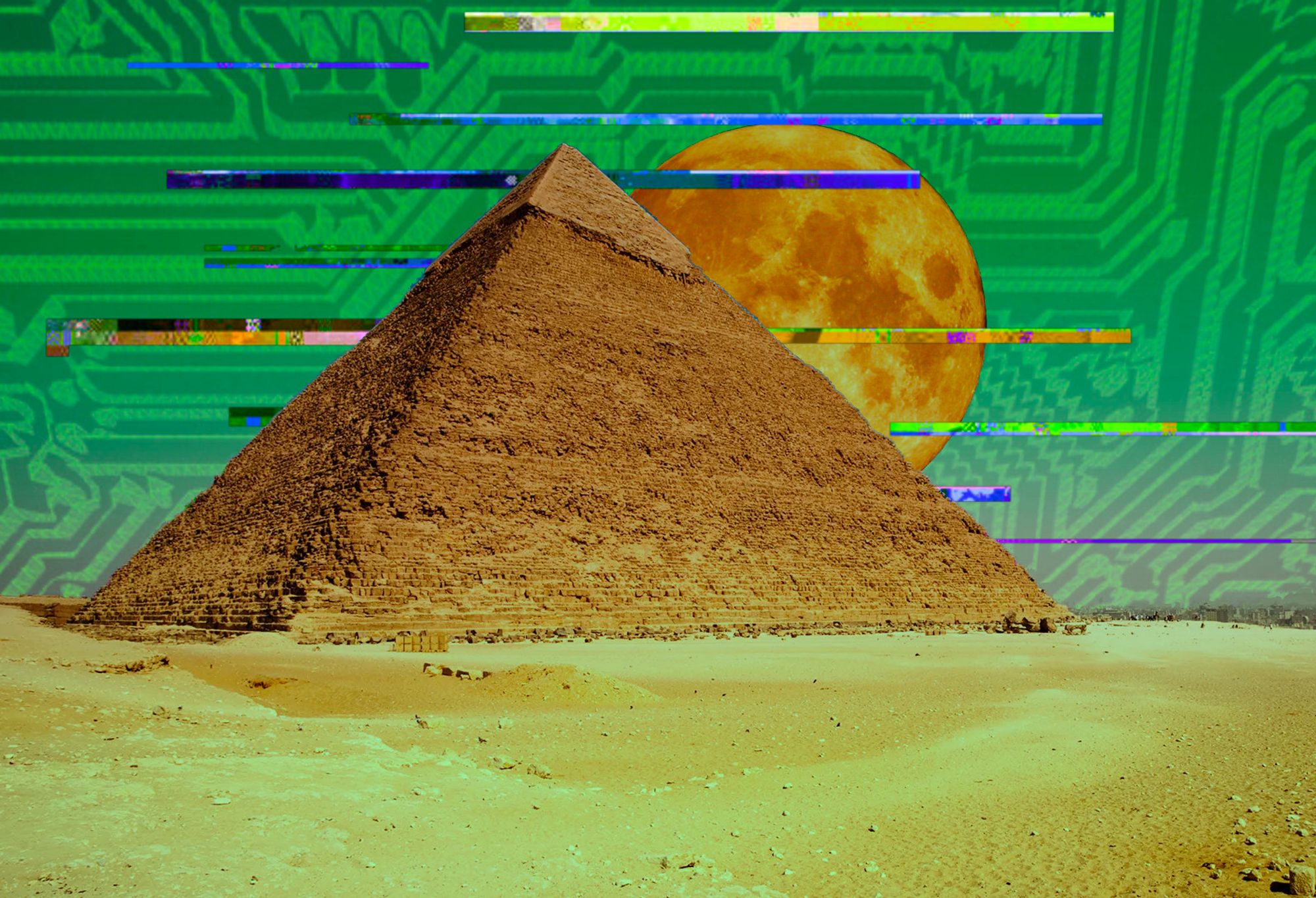 A photo edit of one of the Pyramids of Giza. There is a green filter applied over everything, though much lighter in this case as it still preserves the colour beneath it. The sky looks vaguely like an enormous circuit board, and the digital glitch effect is visible against the sky. The full moon is visible in the sky, curiously in front of the Circuit Board instead of behind it as you would expect from a celestial body.