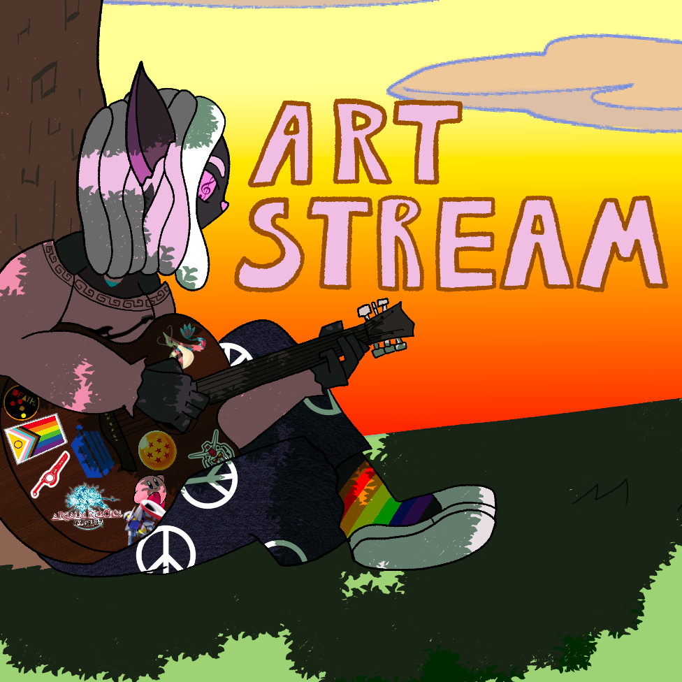 A stream alert banner. My avatar is playing a guitar underneath a shady tree, while the words Music Stream are ahead of her. Her guitar has various pop culture stickers on it, such as a dragon ball, the Monado, Kirby, the Turn A Gundam, the inclusive Pride flag, the album art to the band Death, the RX-78-2 Gundam, the FFXIV A Realm Reborn logo, the Pokémon Milotic, and the Dr. Who logo.