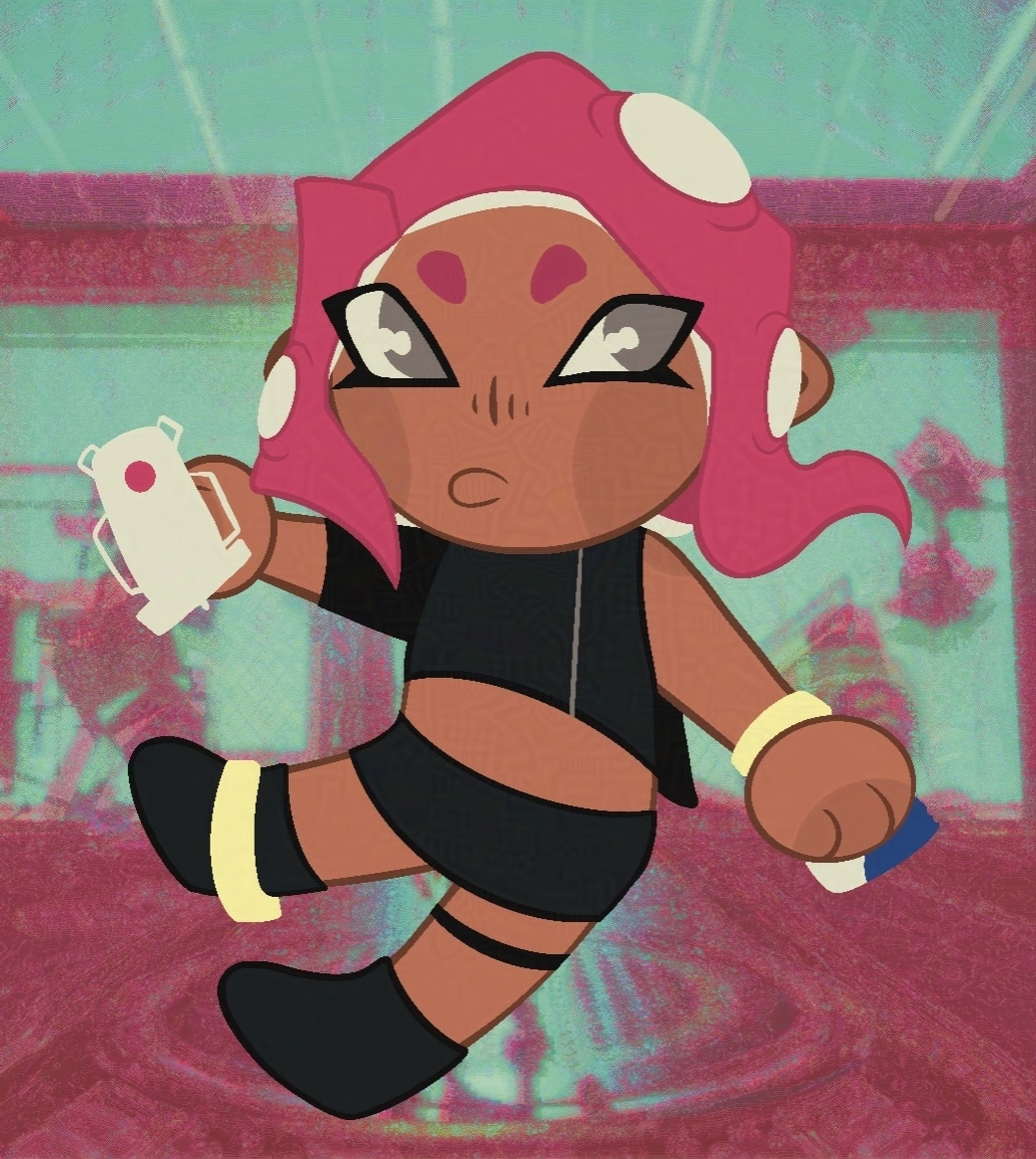 Chibi like drawing of fem eight from splatoon in their black top, mini skirt and boots from octo expansion, they have hot pink hair and grey eyes and they are holding a card and white controller like device in each hand