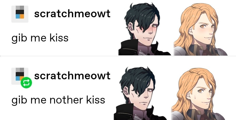 top: text saying "gib me kiss" next to blushing sprites of hubert von vestra and ferdinand von aegir
bottom: text saying "gib me nother kiss" next to angry sprite of hubert von vestra and surprised sprite of ferdinand von aegir