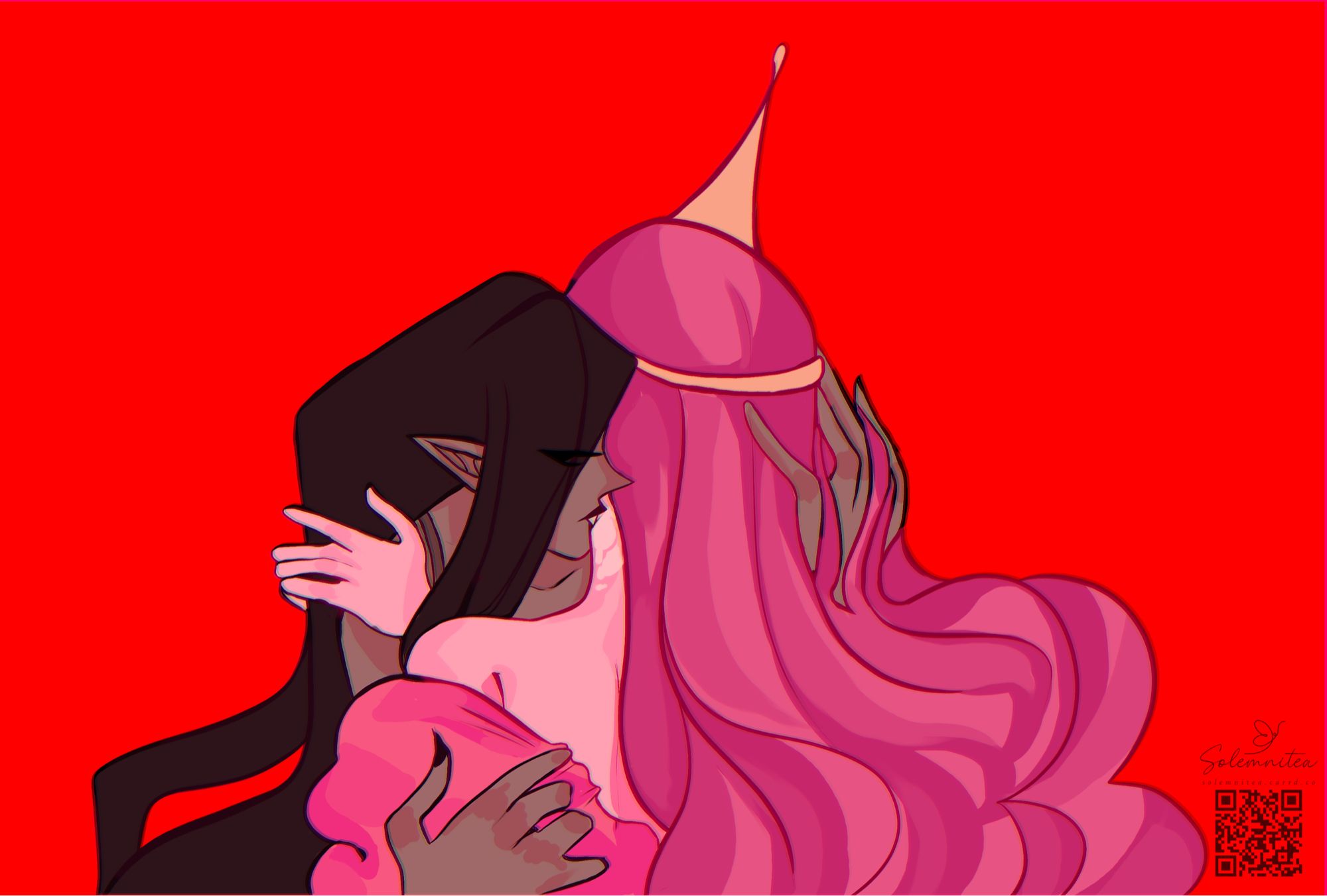 Marceline biting Princess Bubblegum, sucking the pink out of her pink skin.