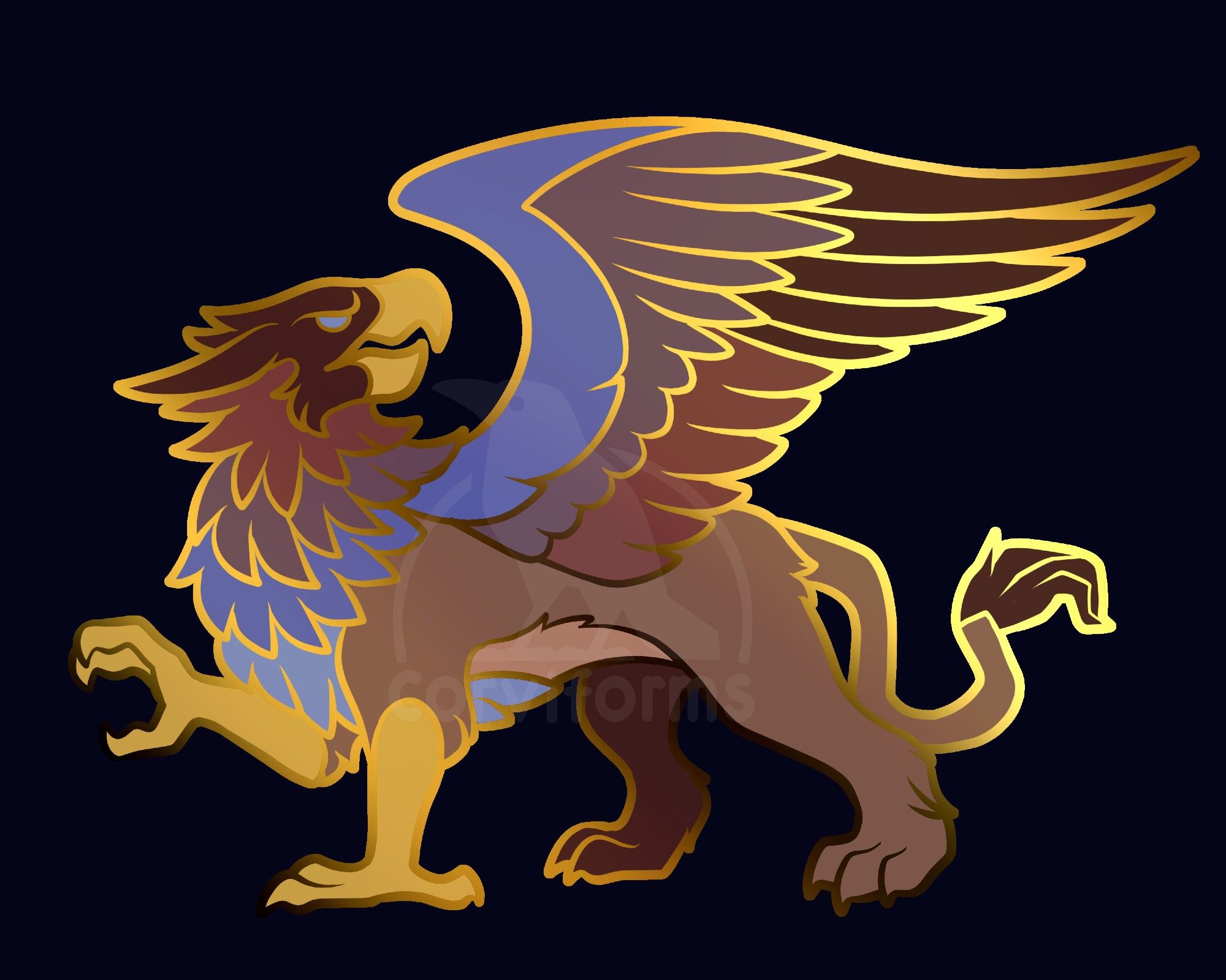 drawing of a gryphon with gold lineart against a black background