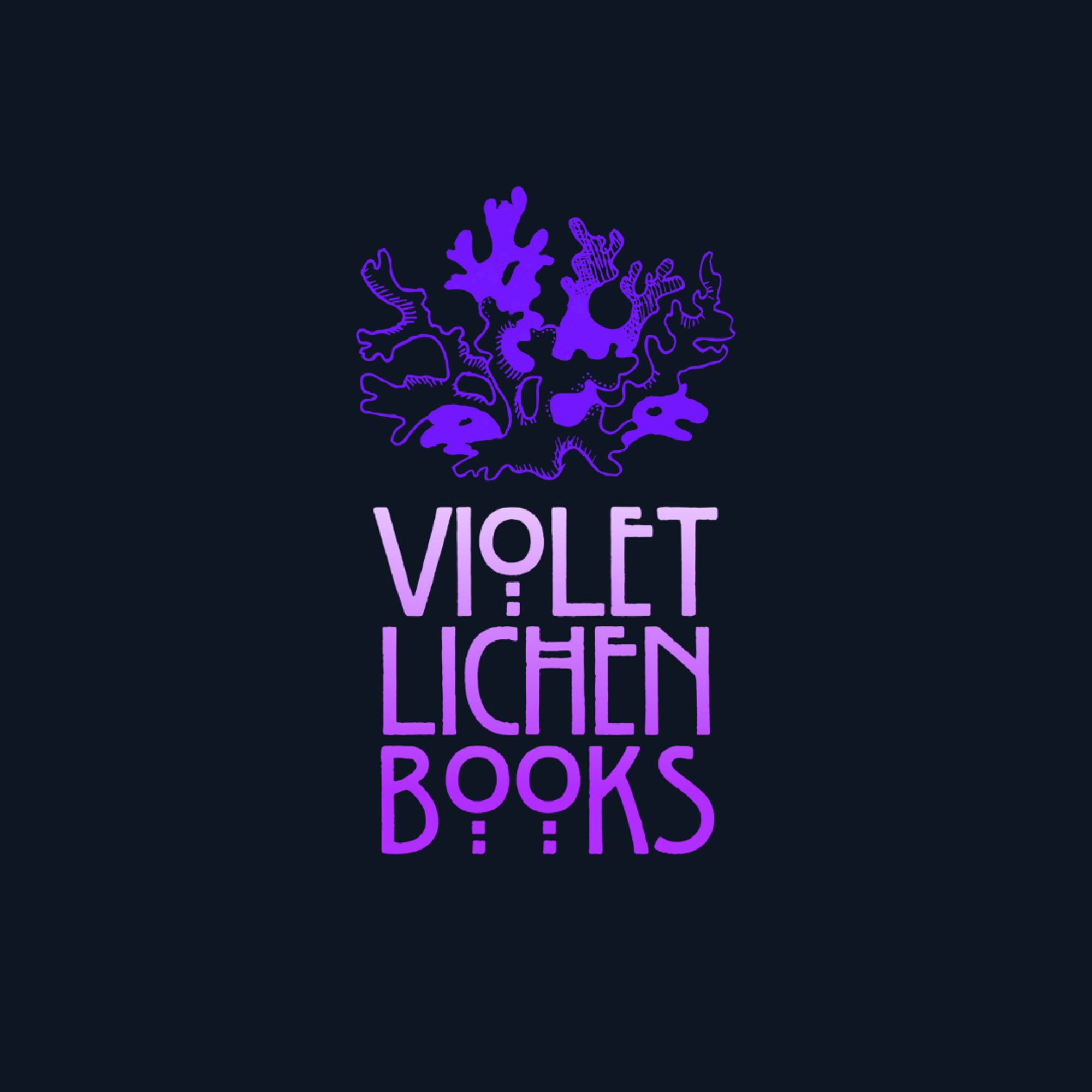 The logo of Violet Lichen Books: a luminous violet lichen (illustrated by the amazing painter Rebecca DeVendara)