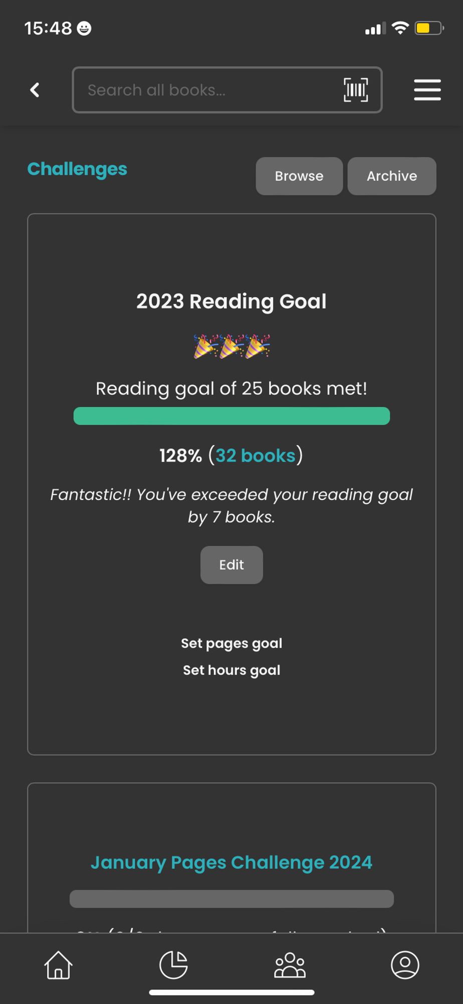 Printscreen van Storygraph app met de 2023 reading goal: doel was 25 boeken, maar ik las er 32 (128% doel bereikt).