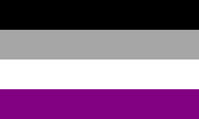 asexual flag: 4 equal horizontal bars of black, grey, white, purple