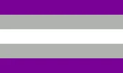 gray-asexual flag: 5 equal horizontal bars of purple, greey, white, grey, purple