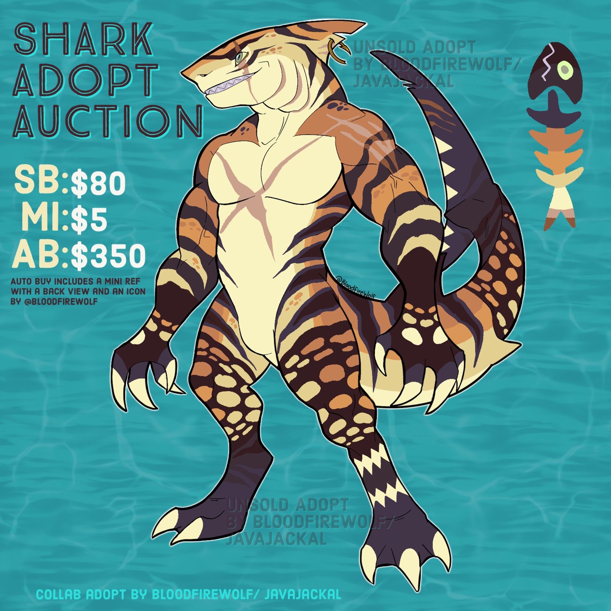 SHARK ADOPT AUCTION

STARTING BID: $80 USD
MINIMUM INCREMENTS: $5 USD
AUTO BUY: $350 USD

Auto buy includes a mini ref with a back view and an icon by @bloodfirewolf 
AUCTION CLOSES MON 11/13