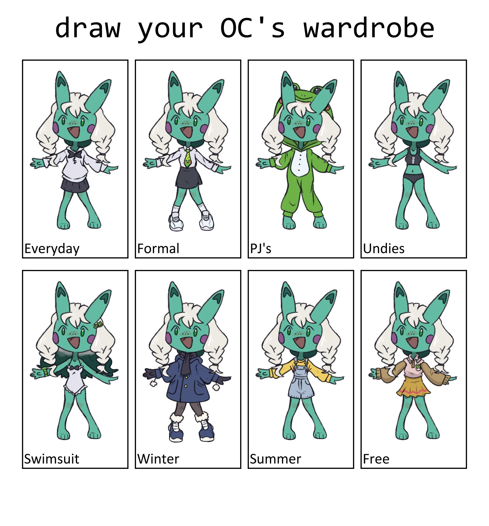 An image with eight slots for eight different outfits that the featured character, Jorunna, is wearing.