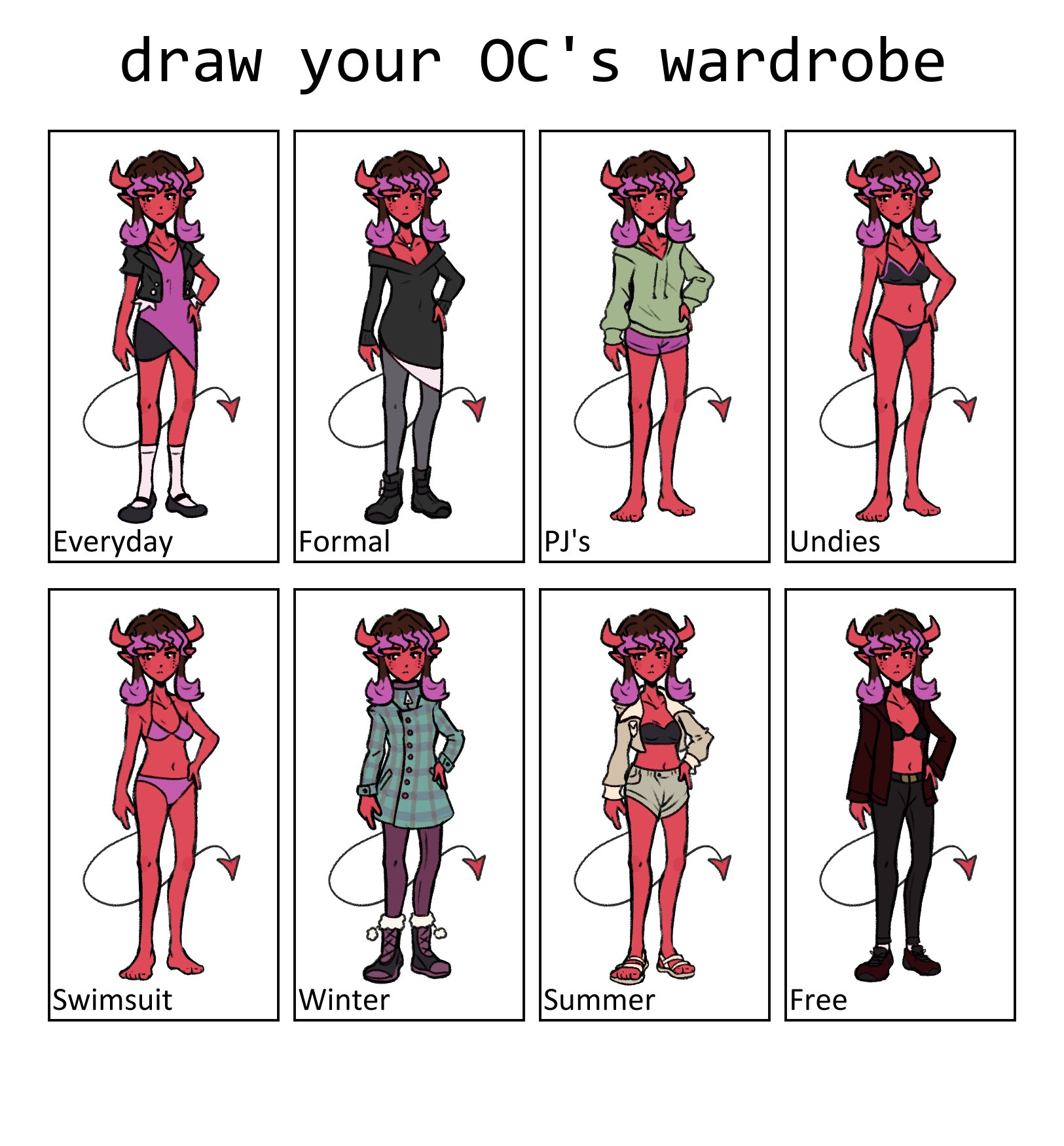 An image with eight slots for eight different outfits that the featured character, Acantha, is wearing.