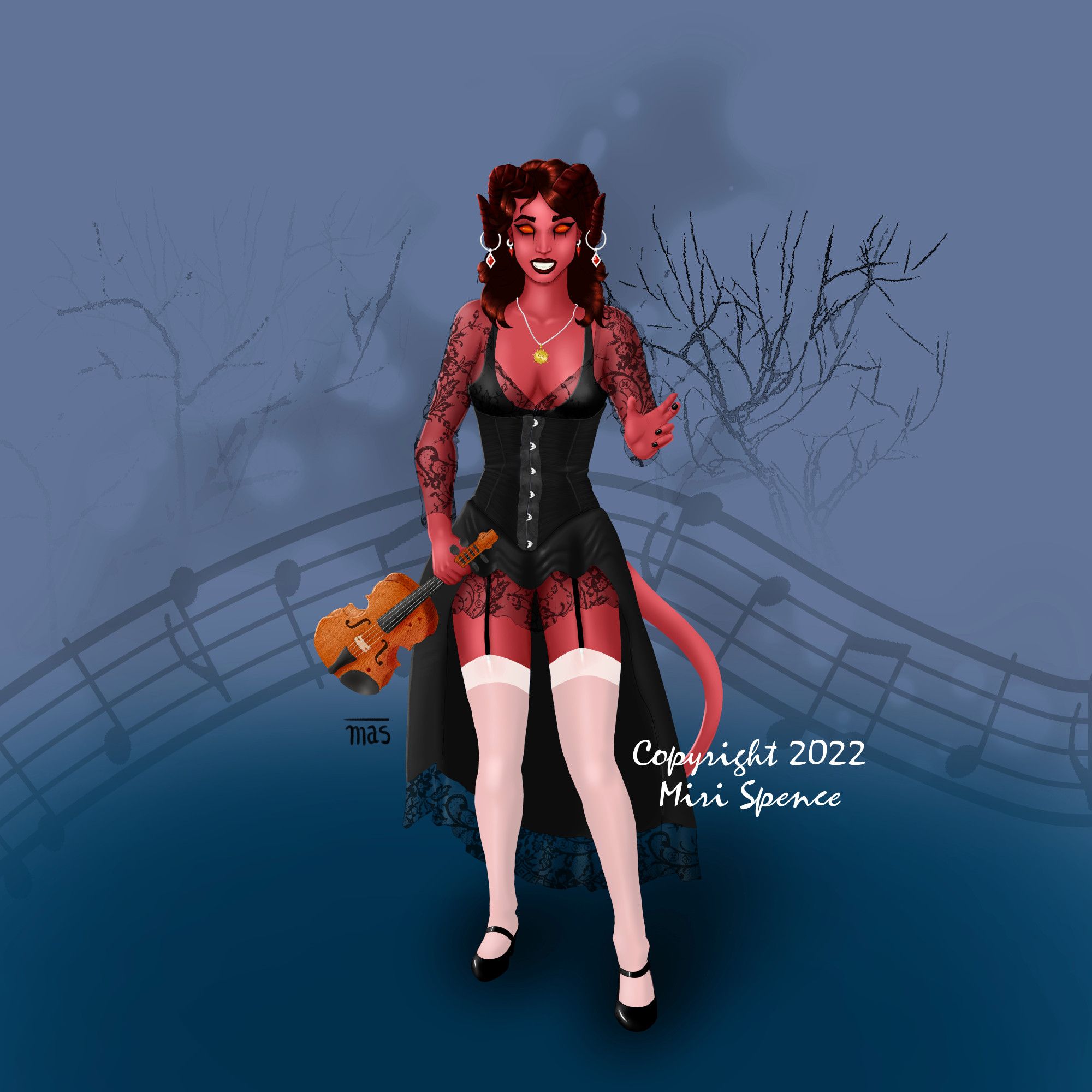 A digital illustration of Eeli, a tiefling bard, reimagined with a dark transformation. She has red skin, horns, and a tail, wearing a gothic lace and corset dress with white thigh-highs. She holds a violin, with a haunting, shadowy background filled with faint musical notes.