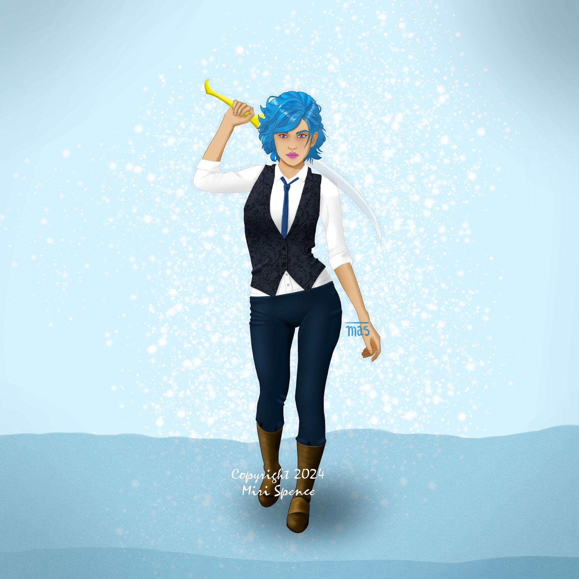 A female character with vibrant blue hair styled in loose waves, wearing a white dress shirt with a black vest and dark slim pants. She is holding a sword with a golden hilt over her shoulder. The background is a soft blue gradient with sparkling particles, giving a magical and elegant vibe.