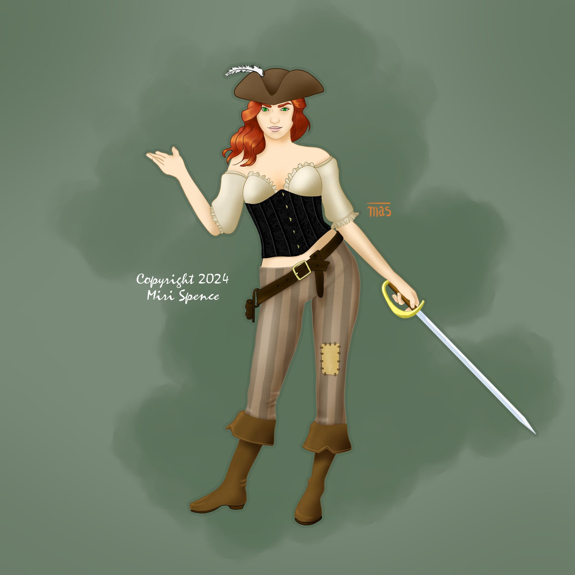 A digital illustration of a happy-go-lucky swashbuckler with red hair wearing a tricorn hat, a cream blouse, black corset, and brown striped trousers. She holds a cutlass and strikes a confident, playful pose.