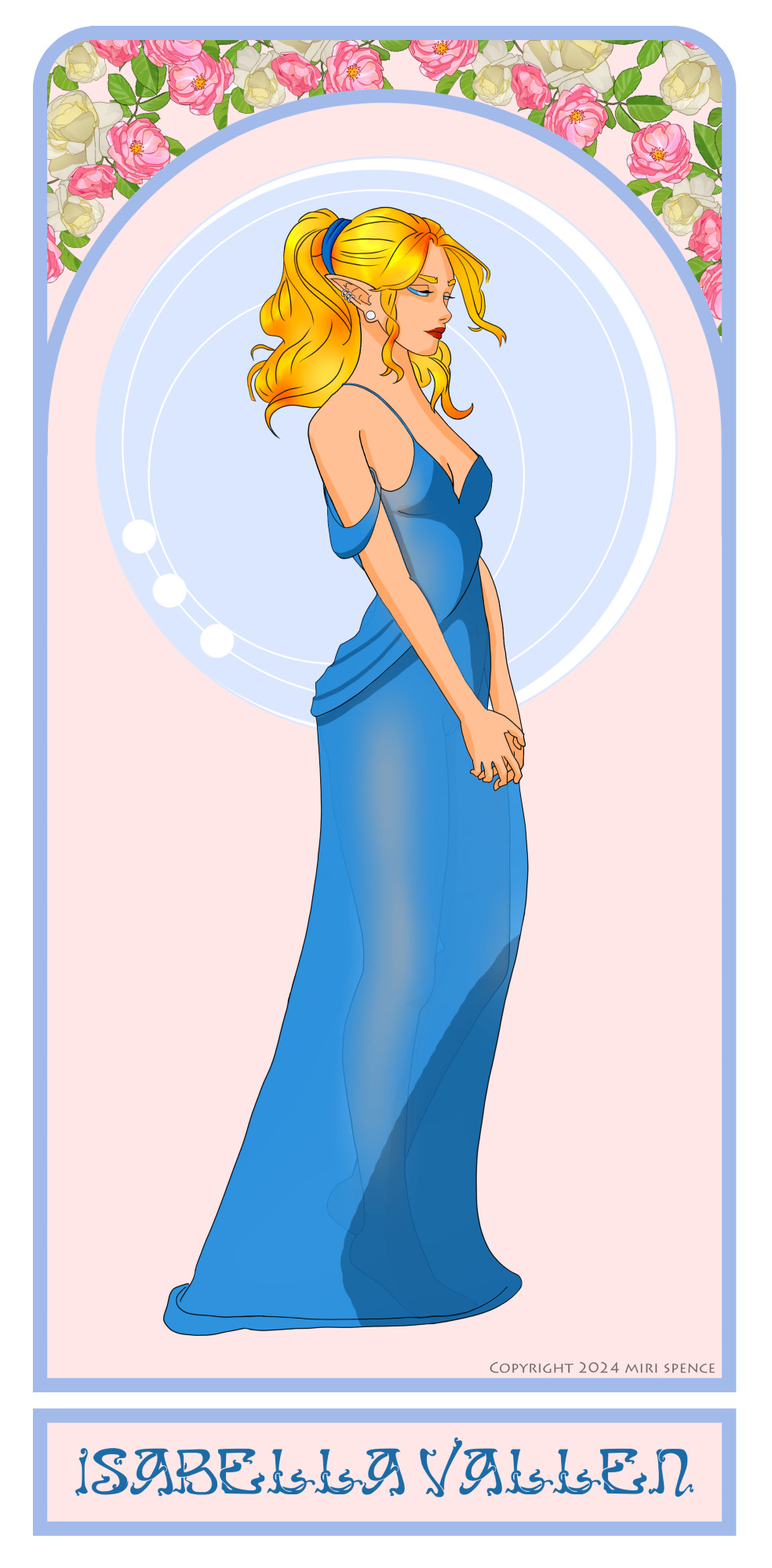 Art nouveau-style illustration of Isabella Vallen, a fire genasi forge cleric. She has long golden hair tied with a blue headband and wears a flowing blue gown. Her pointed ears and warm skin reflect her elemental heritage. She stands in a soft, introspective pose against a floral background with circular motifs, evoking serenity and strength.