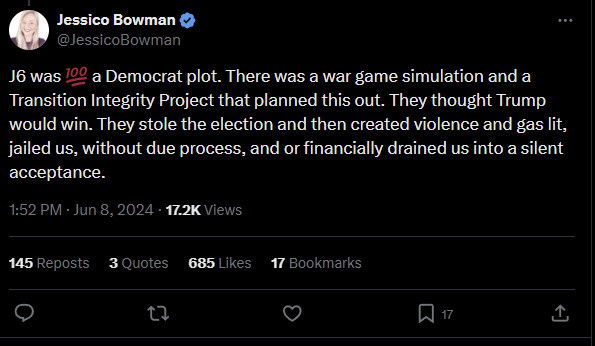 Jessico Bowman's social media posts "J6 was 100 a Democrat plot"