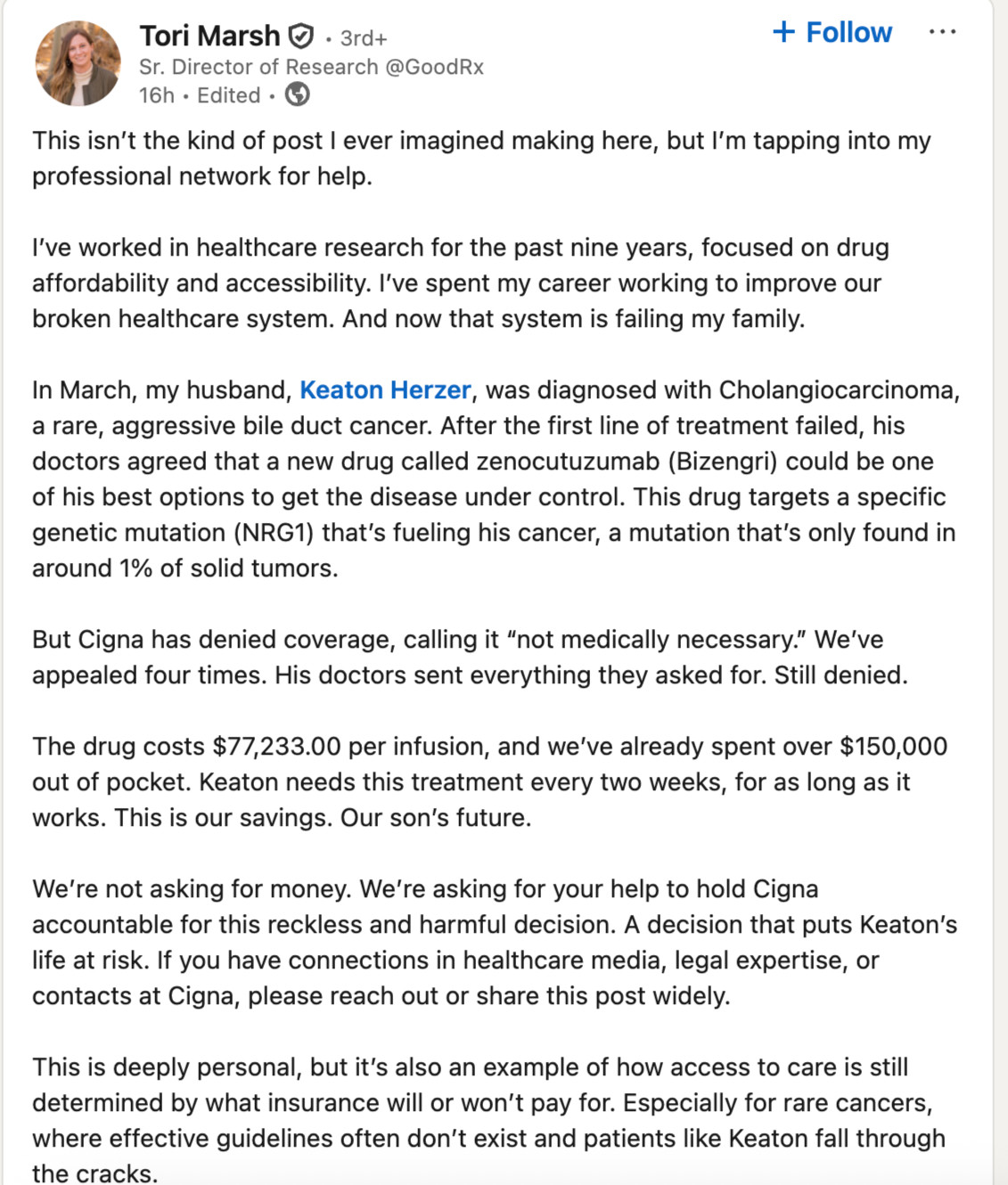 GoodRX director of research says Cigna denied medical coverage for cancer treatment for husband, calling it 'not medically necessary'