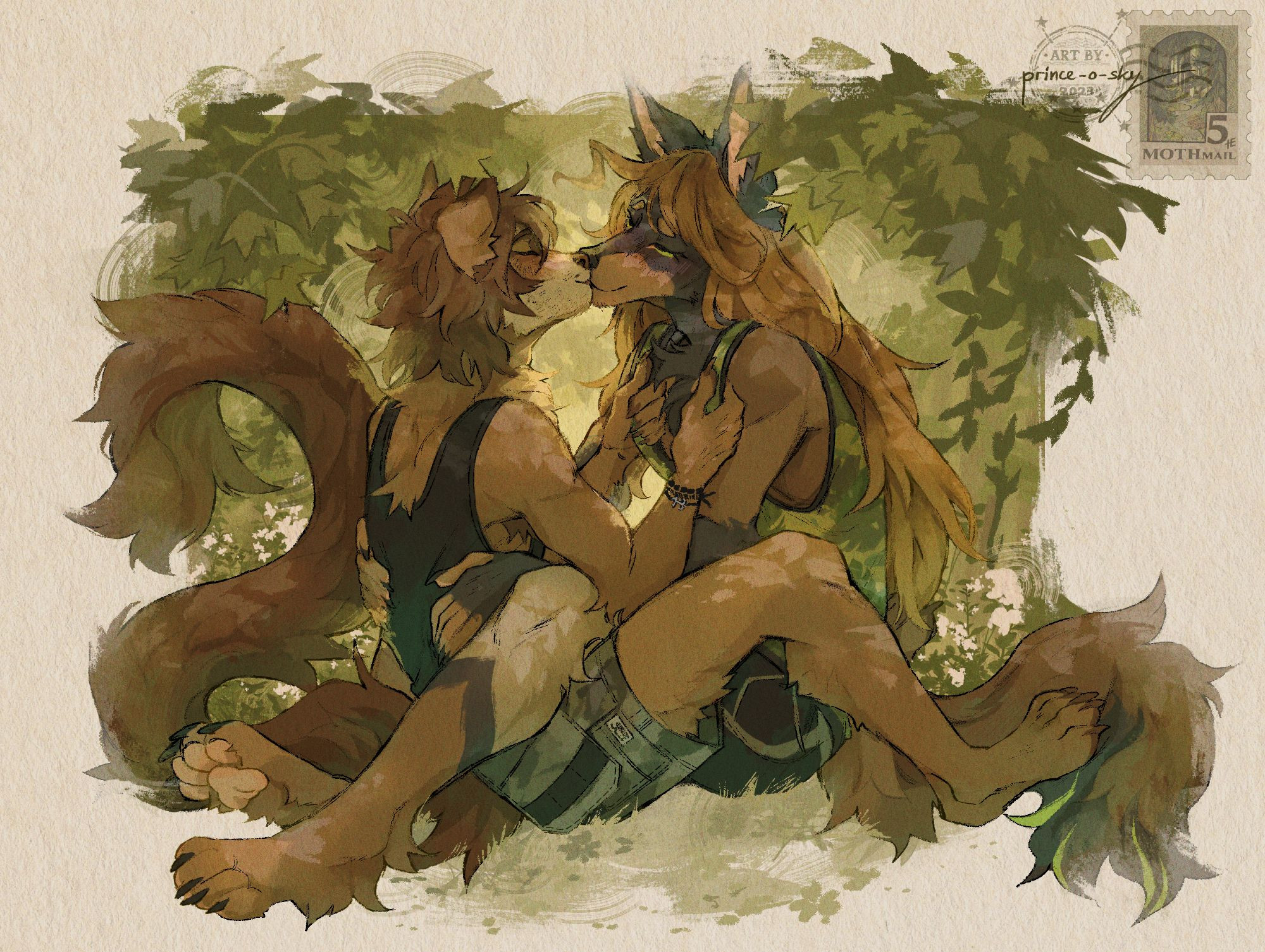 My fursona Joey (he/him) and my boyfriend's fursona Sal (he/him) kissing under a canopy of leaves