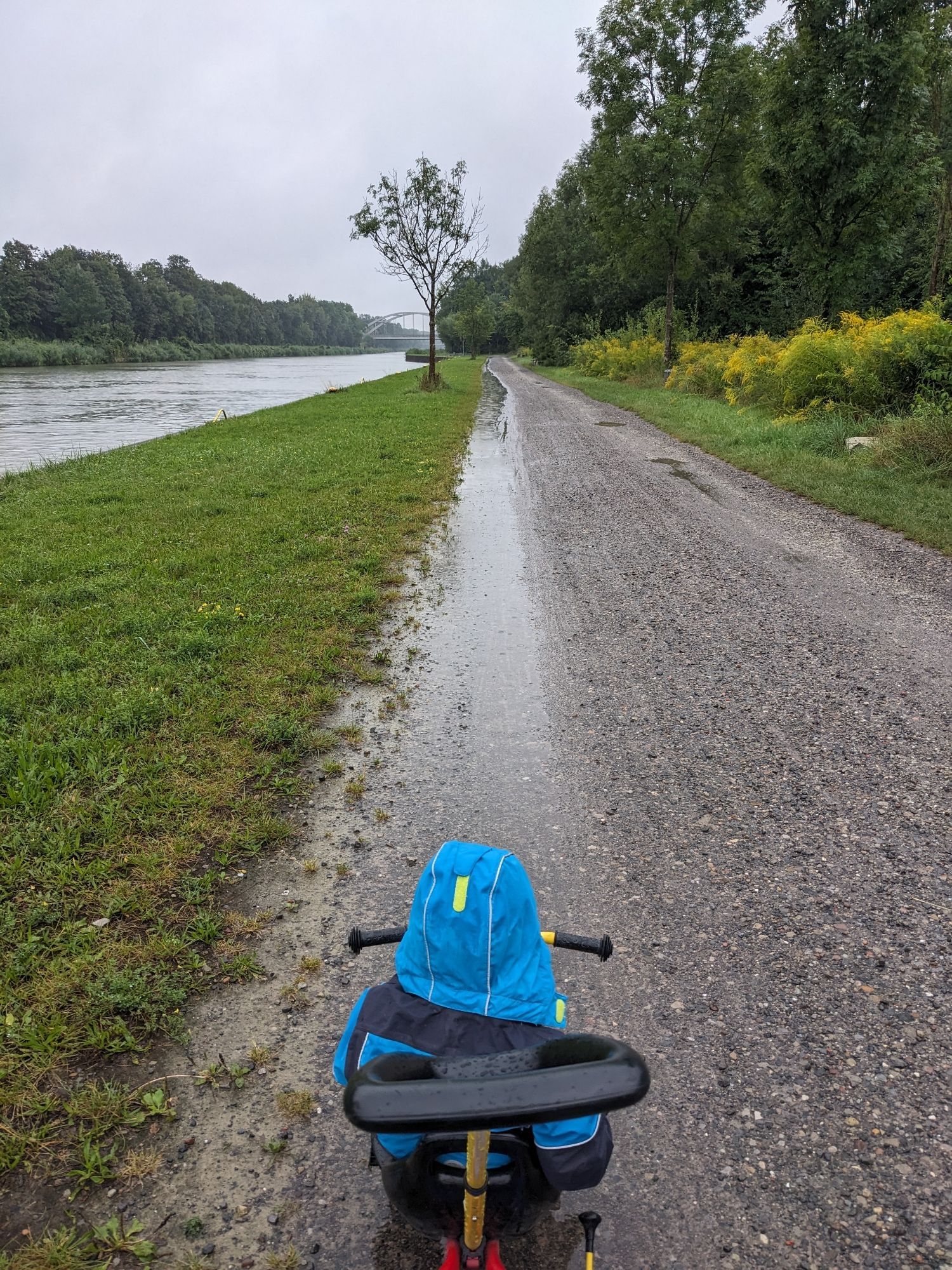 Very long puddle. Kid with trike in foreground