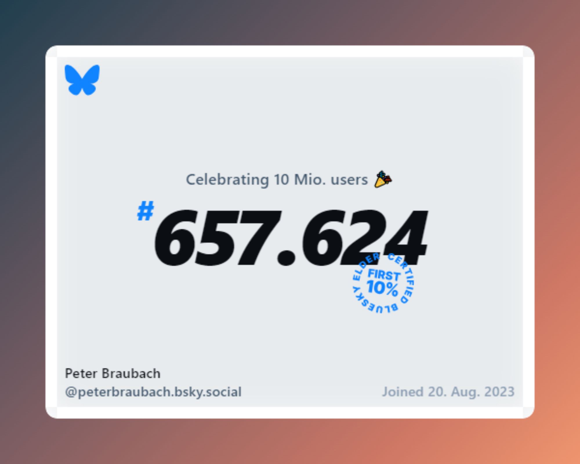 Celebrating 10 Mio. users on Bluesky. Im #657.624