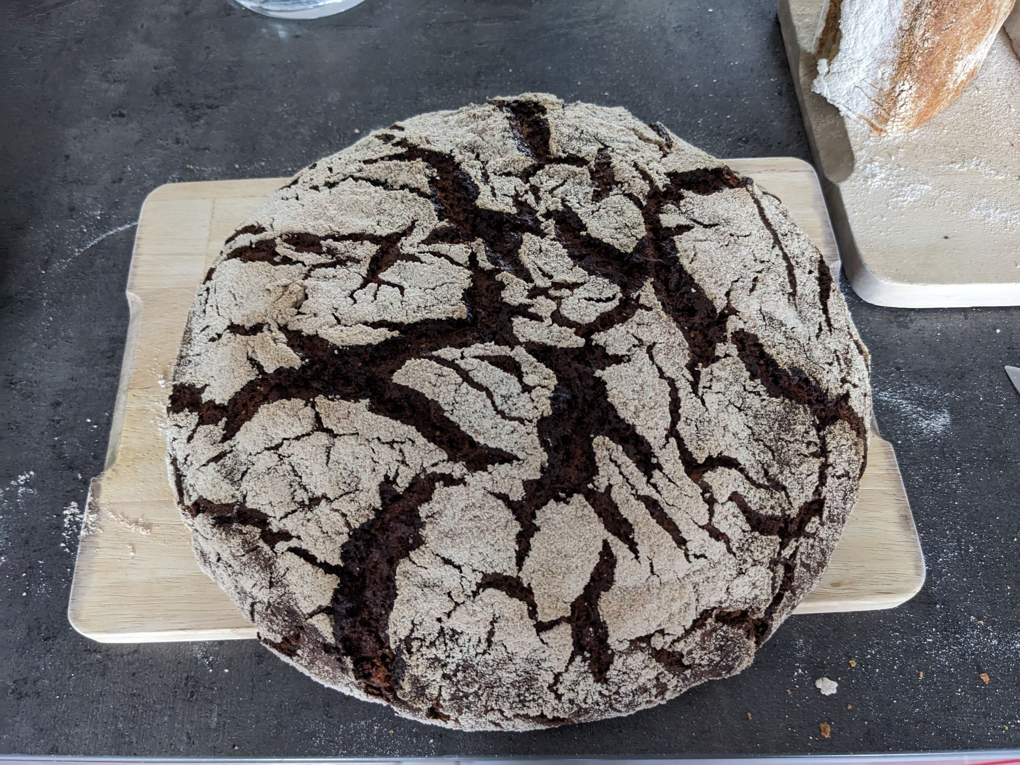 Dark bread covered flour. The surface is scarred by irregular cracks.