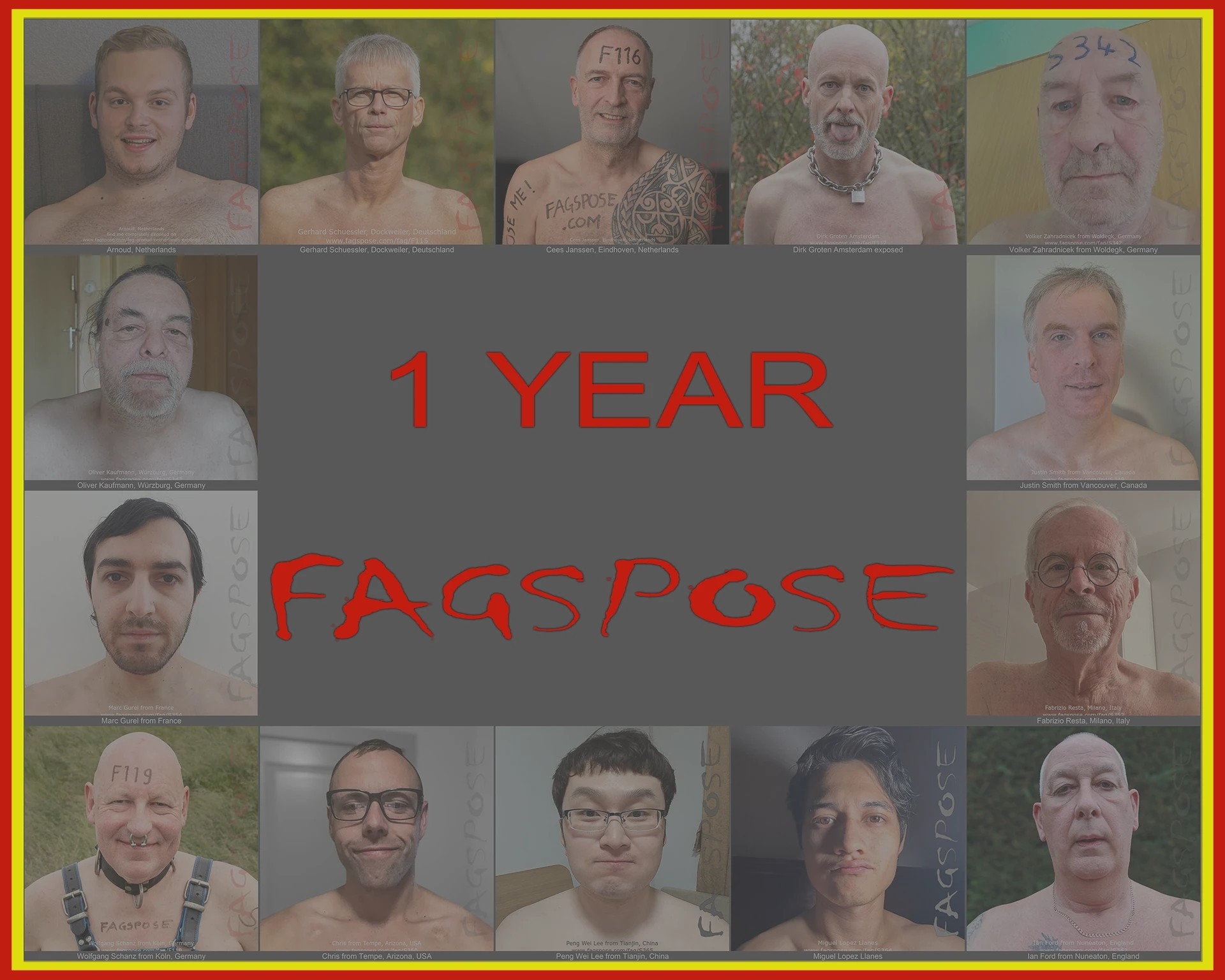 Announcement of the first anniversary of Fagspose, with a collage of all 14 fags that have been exposed until now.