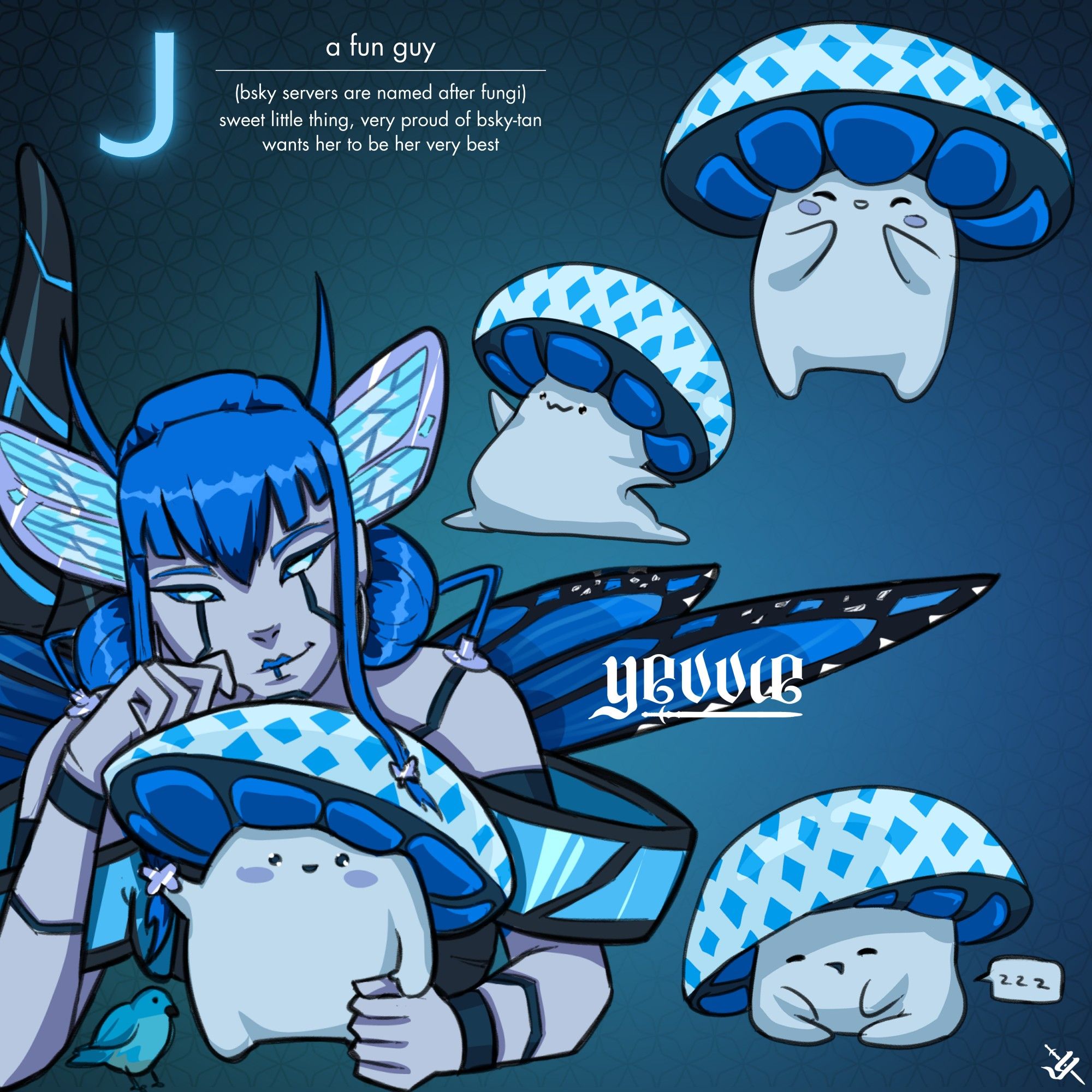 title: J - a fun guy (bsky servers are named after fungi) - sweet little thing, very proud of bsky-tan, wants her to be her very best. on the right, three images of a mushroom called J. its a cute, chibified mushroom with pale blue body and a white blue cap with tiny blue rhombuses as a pattern. the underside of its cap is dark teal and blue. on first image its happy, on the second its stretching / doing yoga, on third its asleep.
bsky-tan on the left, laying pretty with her left hand down on the ground, in front of mushroom friend. her right hand is on top of the cap, holding her face up. she's smiling softly. J is holding her butterfly pin with one hand, and her thumb with the other, looking proud.