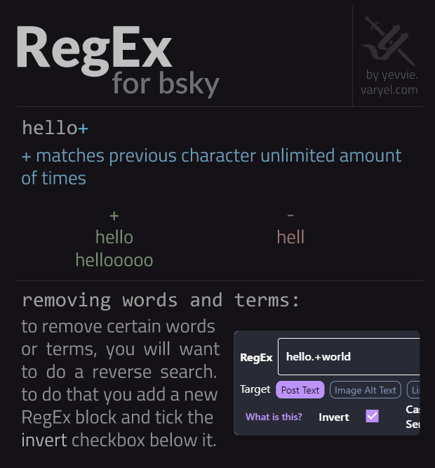 example 5: hello+ (with plus sign at the end)
plus sign matches previous character unlimited amount of times. matches: hello, helloooo. doesn't match: hell.
removing words and terms: to remove certain words or terms, you will want to do a reverse search. to do that you add a new regex block and tick the invert checkbox below it.