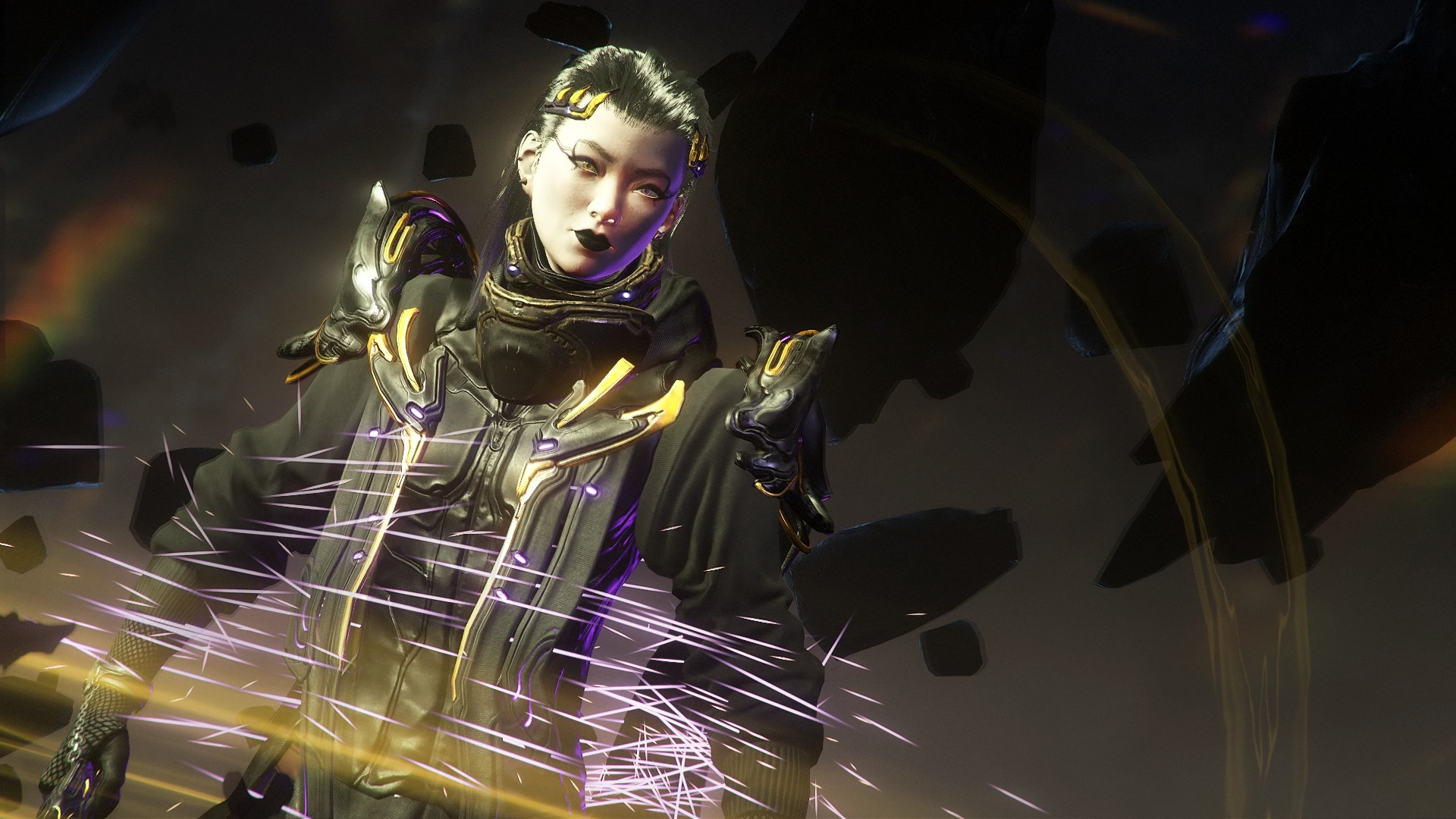 screenshot from warframe showing female drifter in a dark black and gold attire with gold and purple particles, with reflective effects around her and dark cosmic background behind