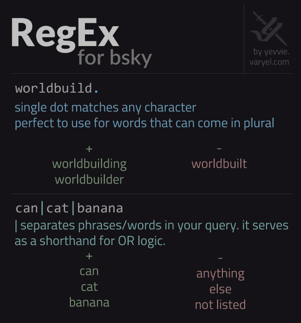 example 1: worldbuild. (with a single dot at the end)
single dot matches any character perfect to use for words that can come in plural. matches worldbuilding, worldbuilder. won't match worldbuilt.
example 2: can|cat|banana (with pipes between the words).
a pipe character separates phases and words in your query. it serves as a shorthand for OR logic. matches can, cat, banana. doesn't match anything else not listed.