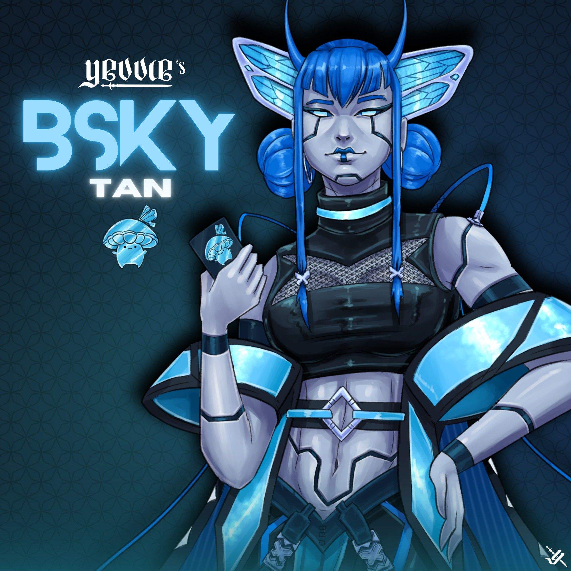 illustration of a bsky gijinka, next to which is a text saying "yevvie's BSKY tan" and a sticker of a mushroom.
bsky-tan is a tall woman with pale blueish android skin full of cybernetic inserts in deep teal. she has rich blue hair with triangular bangs, low-tied spacebuns, and long side strands with butterfly clips. she has little antennae poking above the hair, in the same color as the rest of the hair. behind her head you can see butterfly-shaped cyberware with cyan lights.
on her shoulders, metallic ports with cords attached to them. cords bend backwards, behind her back, forming wing-like shape above her arm.
she's wearing a black & teal skintight crop top with a butterfly-shaped mesh in the middle forming a boob window.  over that she has a butterfly shaped iridescent cyan jacket.