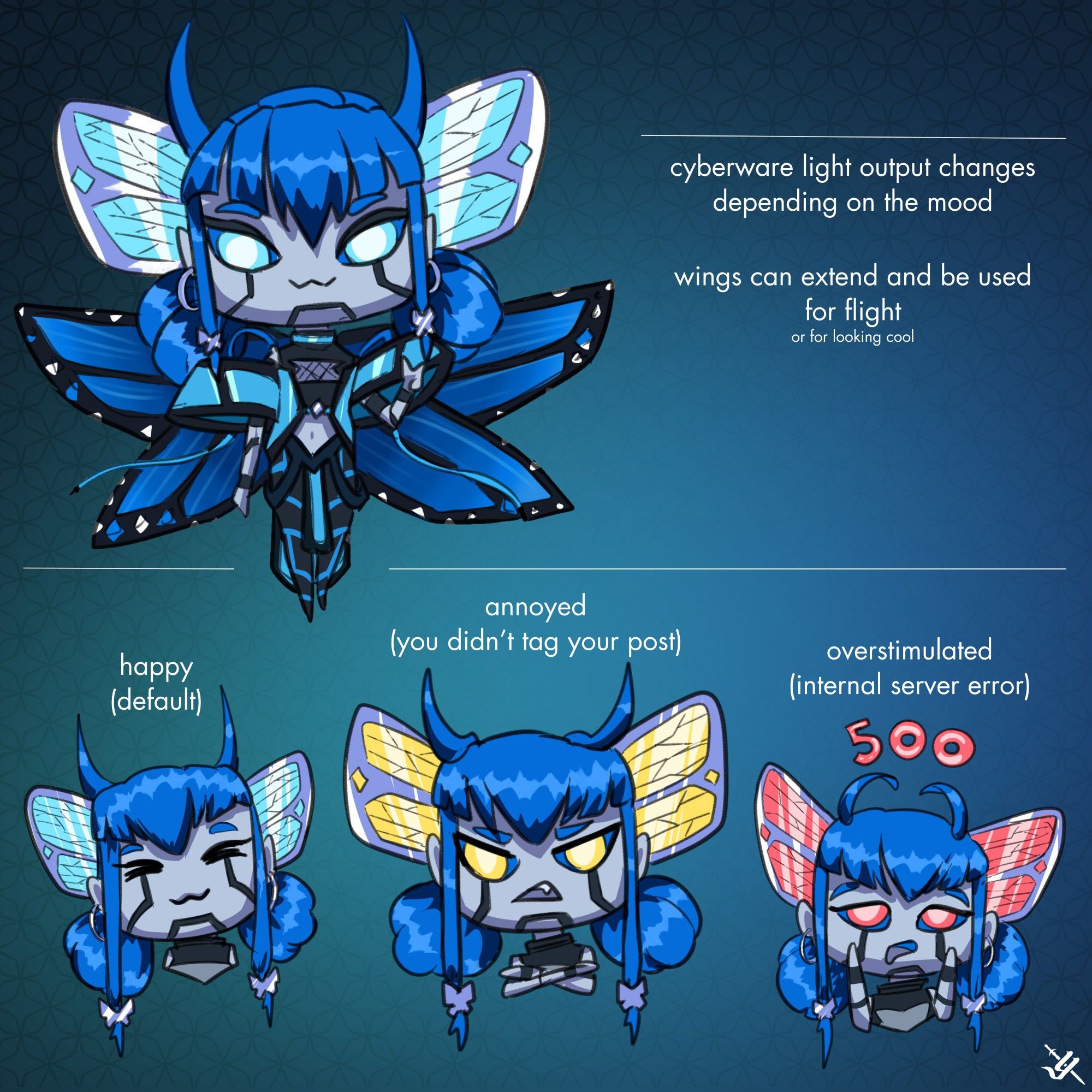 bsky-tan as chibi. she's very simplified and has a cat face, her eyes glowing, wings float to the sides like a butterfly.
text says "cyberware light output changes depending on the mood. wings can extend and be used for flight or for looking cool".
below, three emotes / chibi heads: first shows happy / default expression and is smiling with closed eyes, her cyberware in cyan. second is annoyed (subtitle "you didn't tag your post") and her cyberware (eyes included) is in danger yellow color. third one is overstimulated (internal server error) in neon red with label "500" floating about her head.