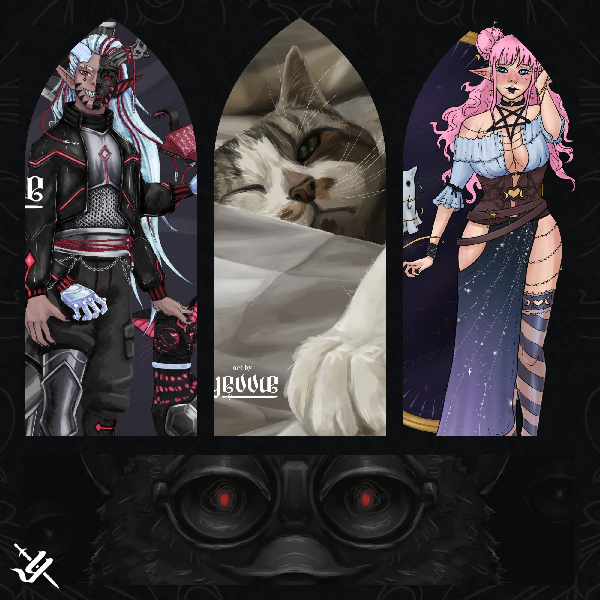 four bigger artworks, three upper ones shown in gothic frame, bottom is rectangular.
1. volmie's vtuber concept art
2. willur for @ami-britain.bsky.social
3. fantasy version of ami
4. creepy maylennial / millennial furby