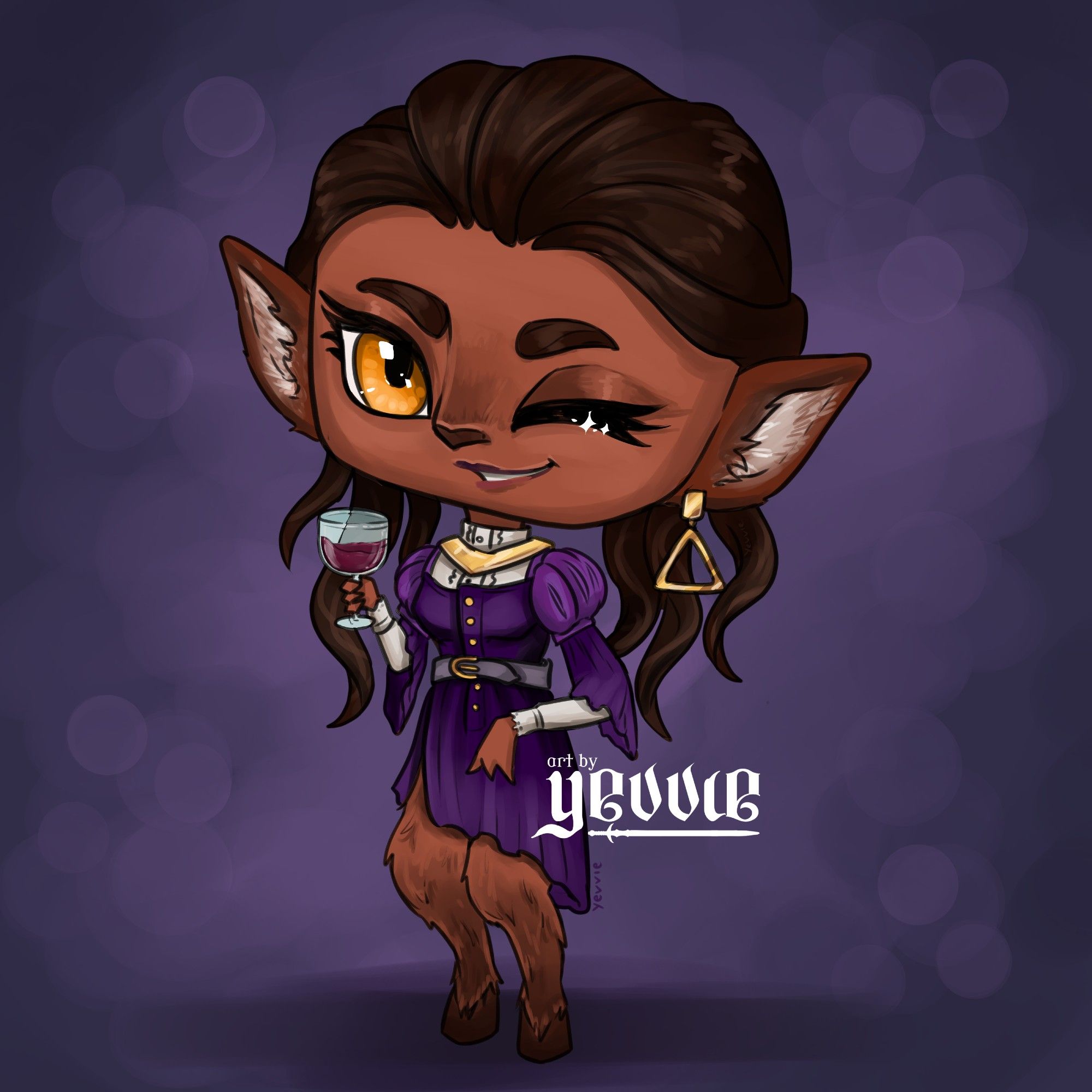 chibi artwork of a satyr/faun woman holding a glass of dark wine. she has an elegant purple robe and golden accessories. she's winking at the camera, smiling & enjoying her drink