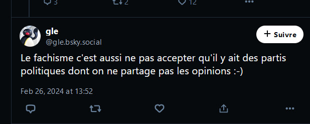 Réponse d'une personne qui dit :
"Le fachisme c'est aussi ne pas accepter qu'il ait des partis politiques dont on ne partage pas les opinions."