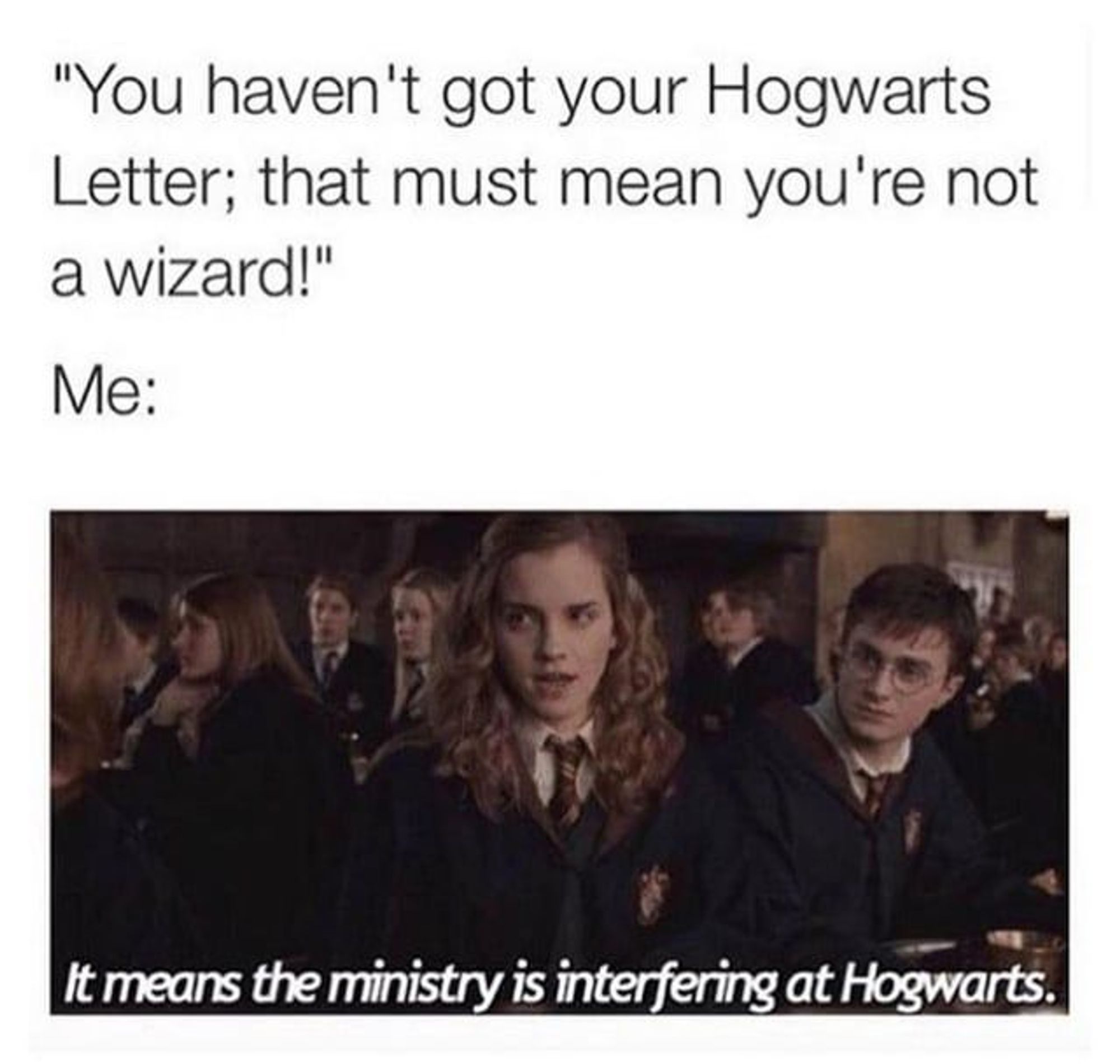 you haven't gotten you Hogwarts letter; that must mean your not a wizard. Me:it means the ministry is interfering at Hogwarts.