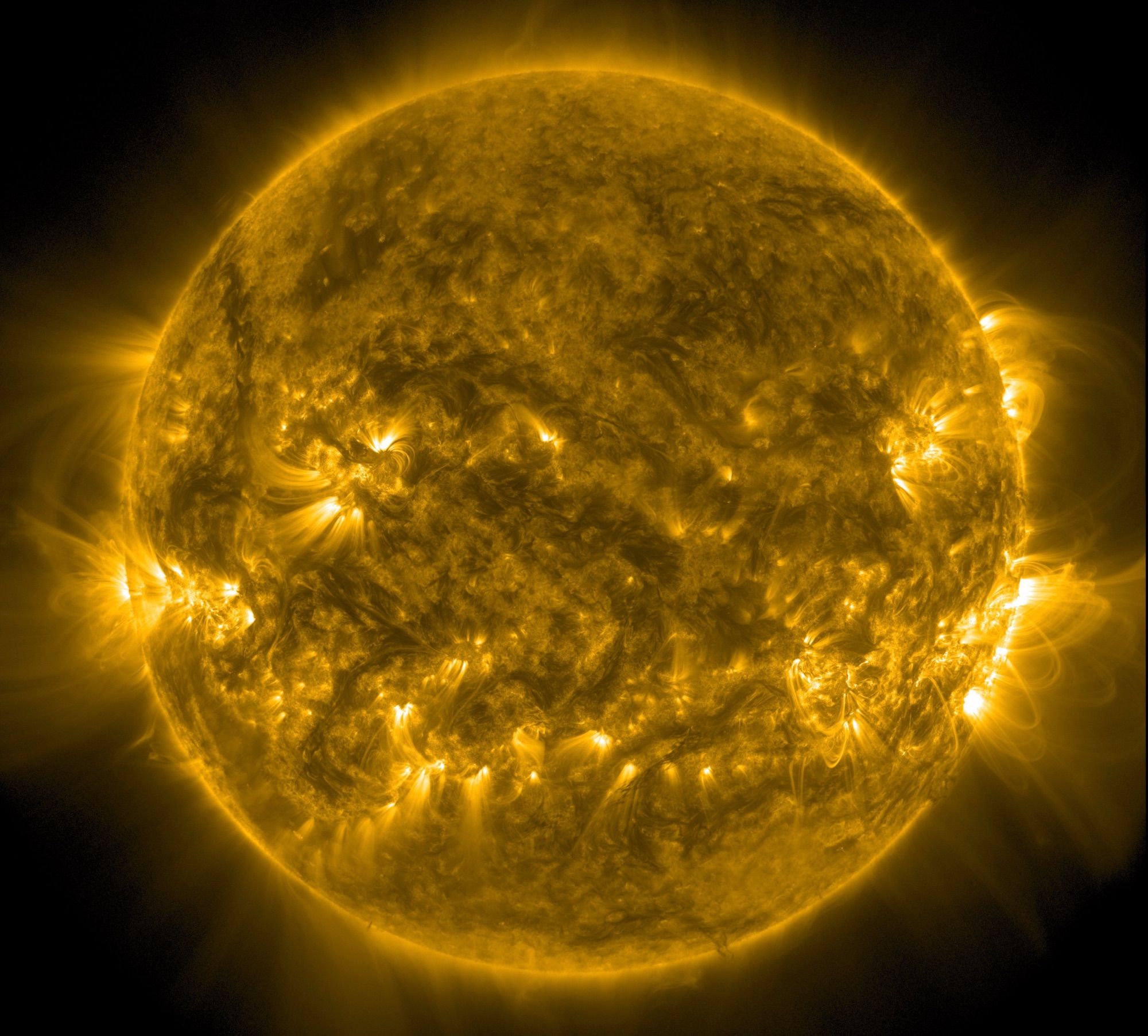 Die ganze erdzugewandte Seite der Sonne in gelber Farbe. Besonders links und rechts an den Rändern zwei helle Gebiete mit weit ins All reichenden Strahlen.