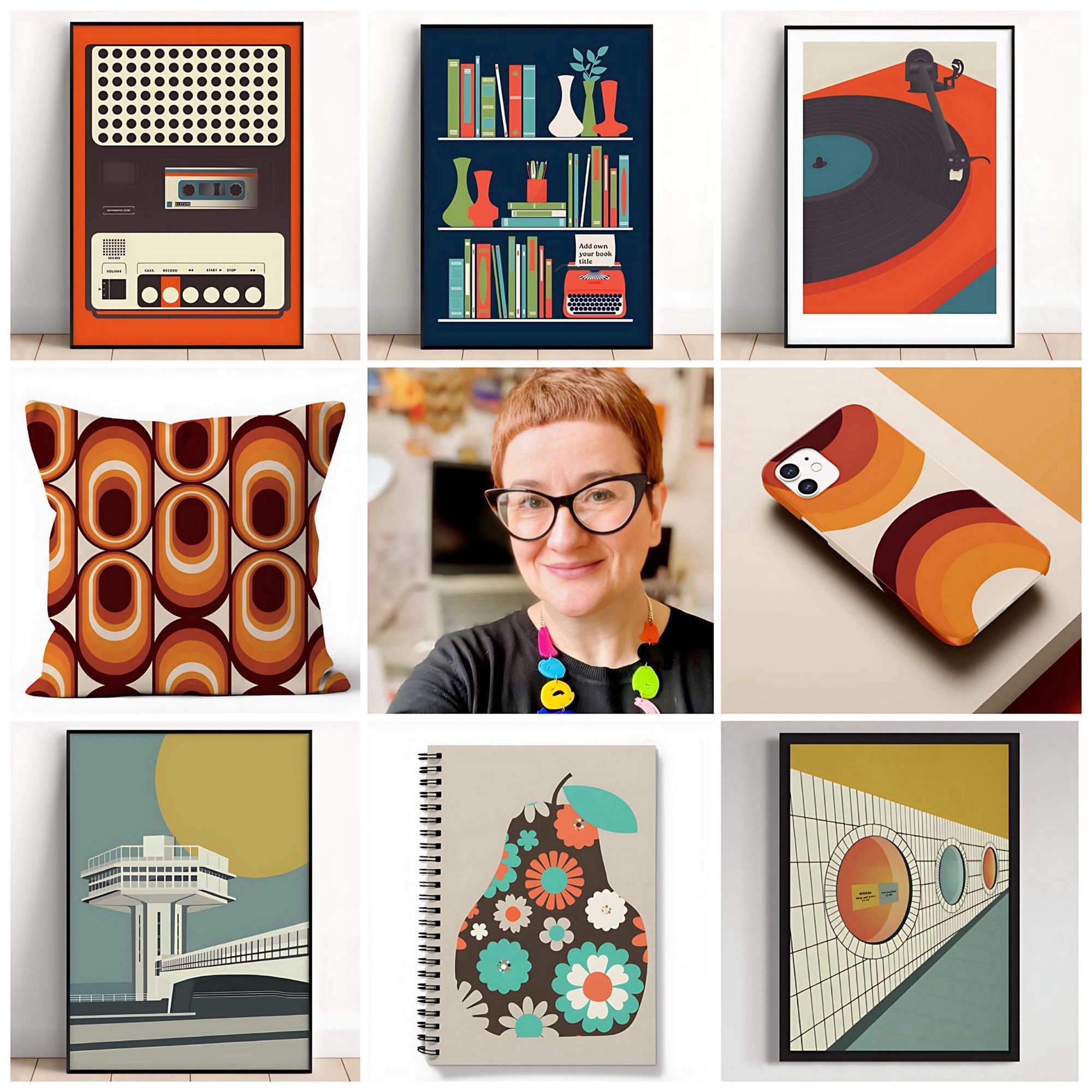 A collage of nine retro-inspired designs, including vibrant prints of a vintage cassette player, bookshelves, a record player, and geometric patterns. The centre image is a photo of Gail. Surrounding Gail are images of a 70s style cushion, a modern phone case, an architectural poster, a floral pear illustration on a notebook, and an art print of a retro cafe.