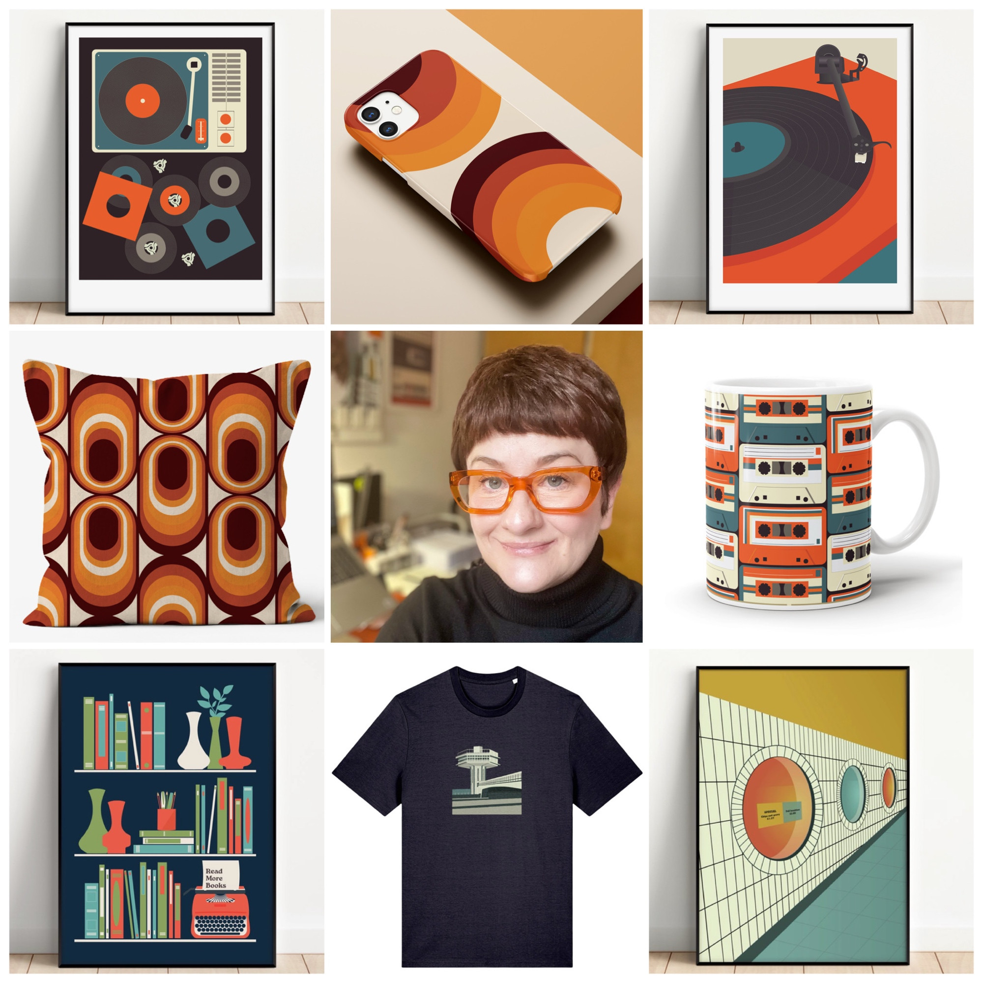 A collage showing retro designs: a vinyl record poster, patterned phone case, cushion, and mug, me, a bookshelf print and T-shirt with an illustration of Forton Services.