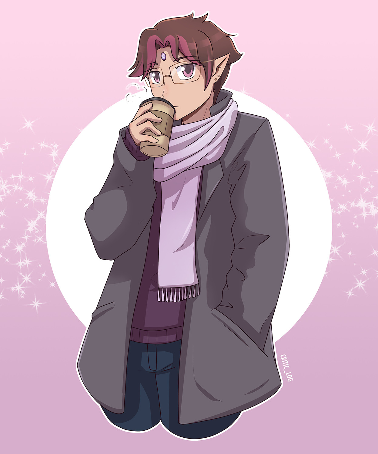 Drawing of a young man with glasses and a jewel in his forehead wearing a gray coat and a pink scarf drinking a coffee